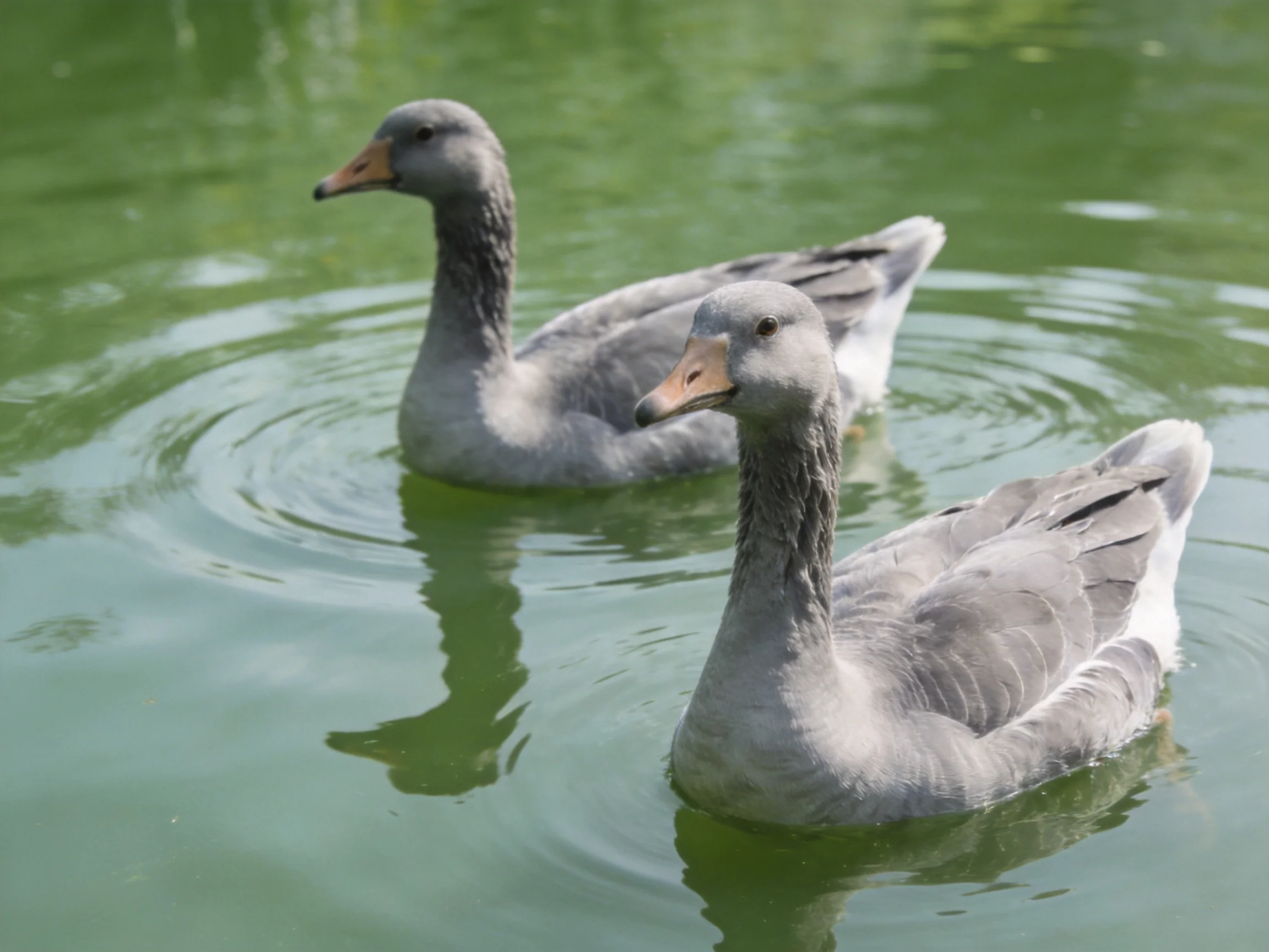 Two gray geese swim in calm green water