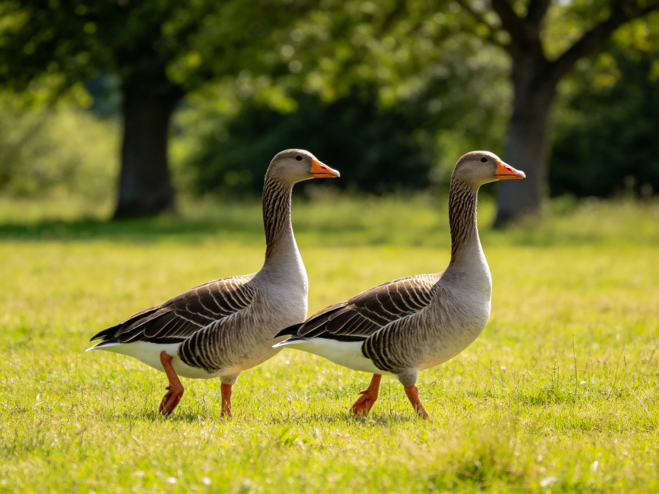 Two gray geese walk side by side on a sunlit green meadow near trees