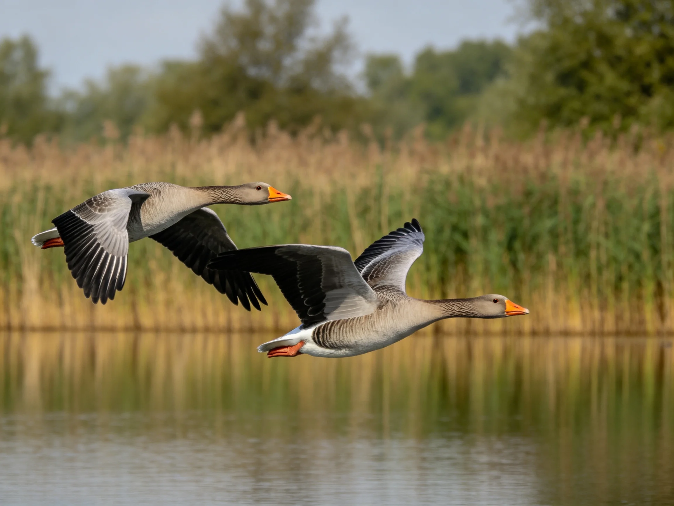 Two gray geese with orange beaks fly over calm water near tall reeds