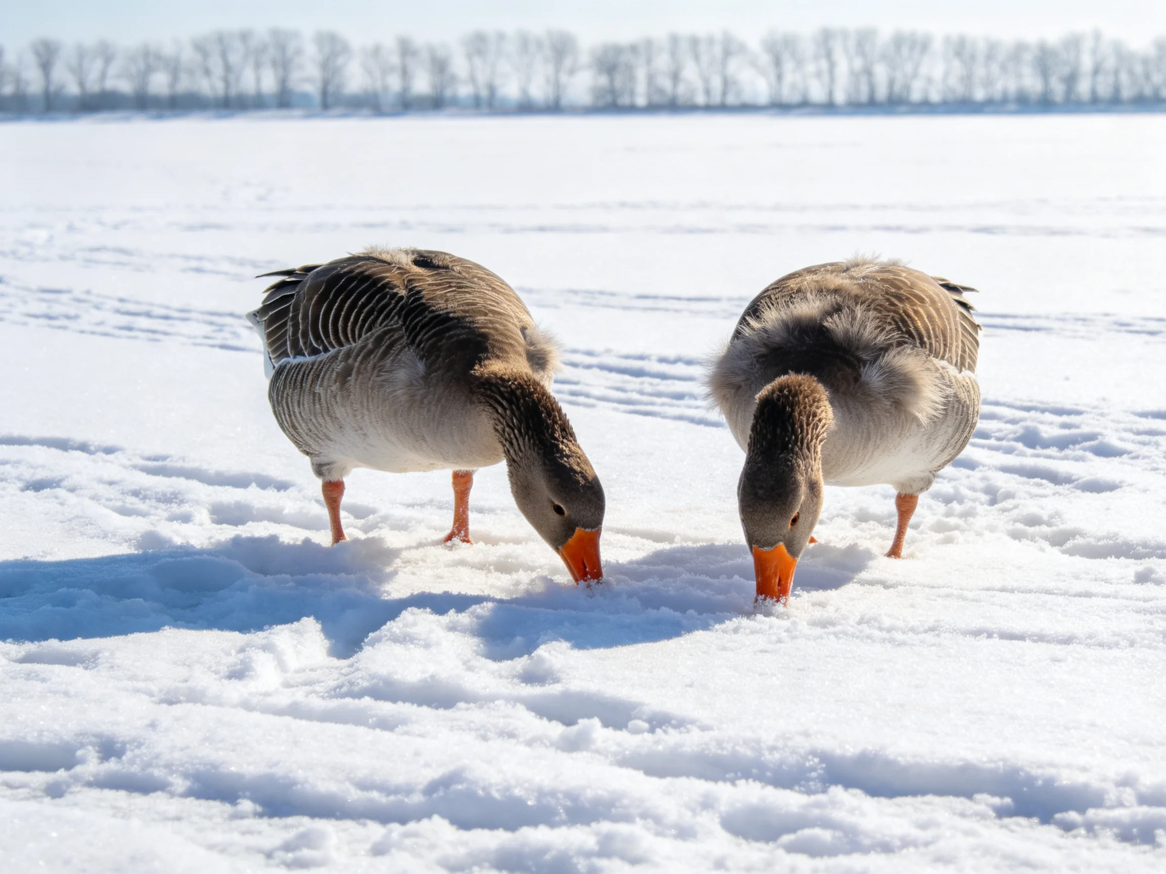Two gray geese with orange beaks foraging in a bright white snowy field
