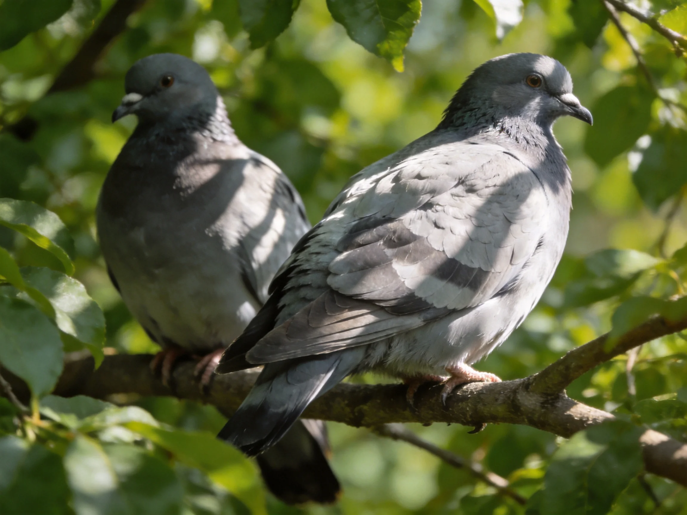 Two gray pigeons perched on a tree branch among green foliage