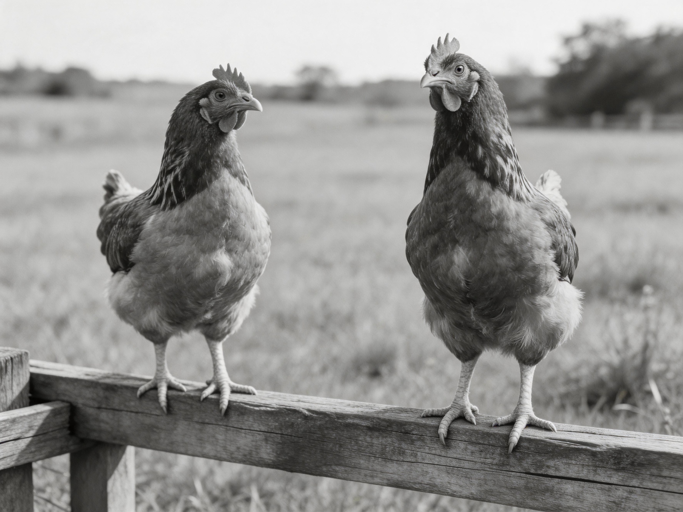 Two hens perch on an aged wooden fence in a rural landscape