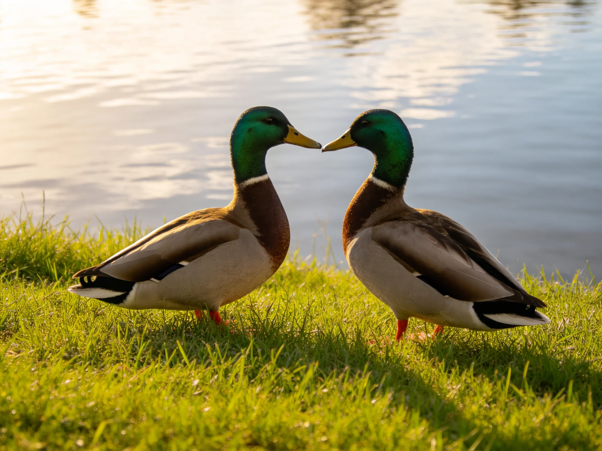 Two mallard ducks face-to-face on a grassy lakeside shore