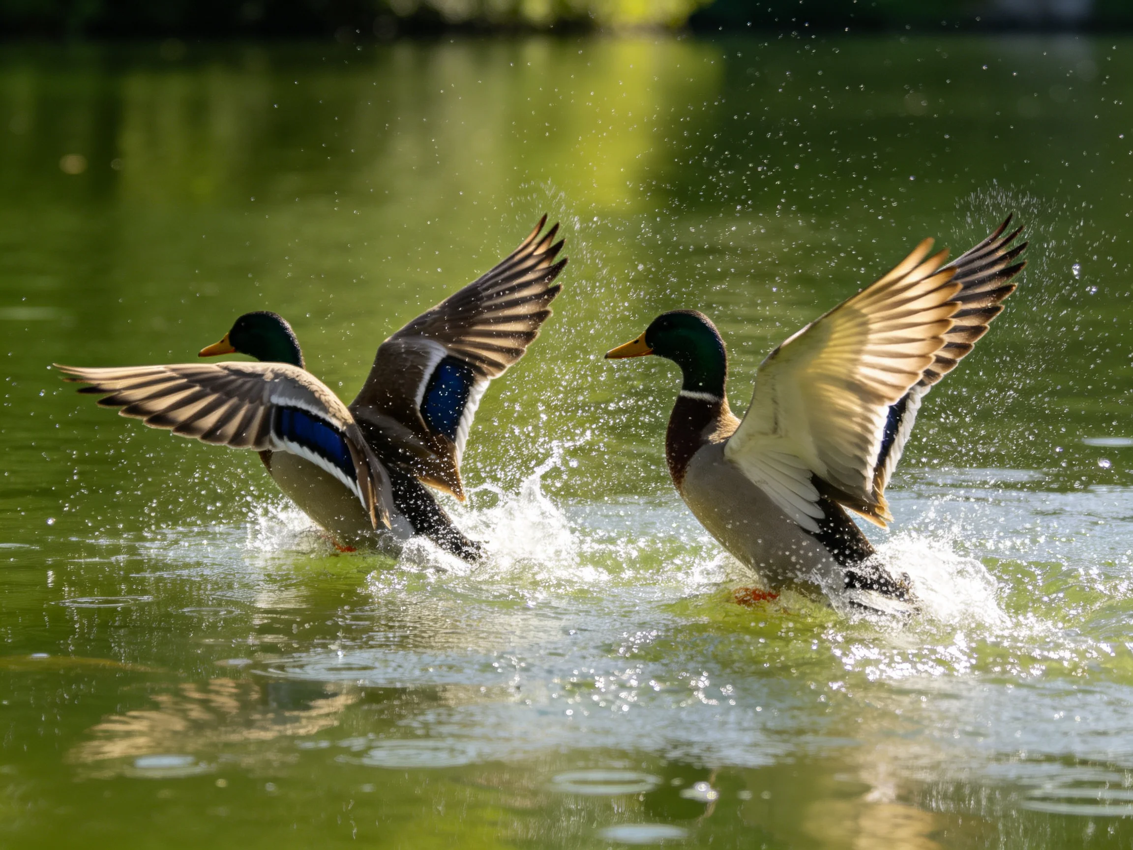 Two mallard ducks flapping wings in sunlit greenish pond