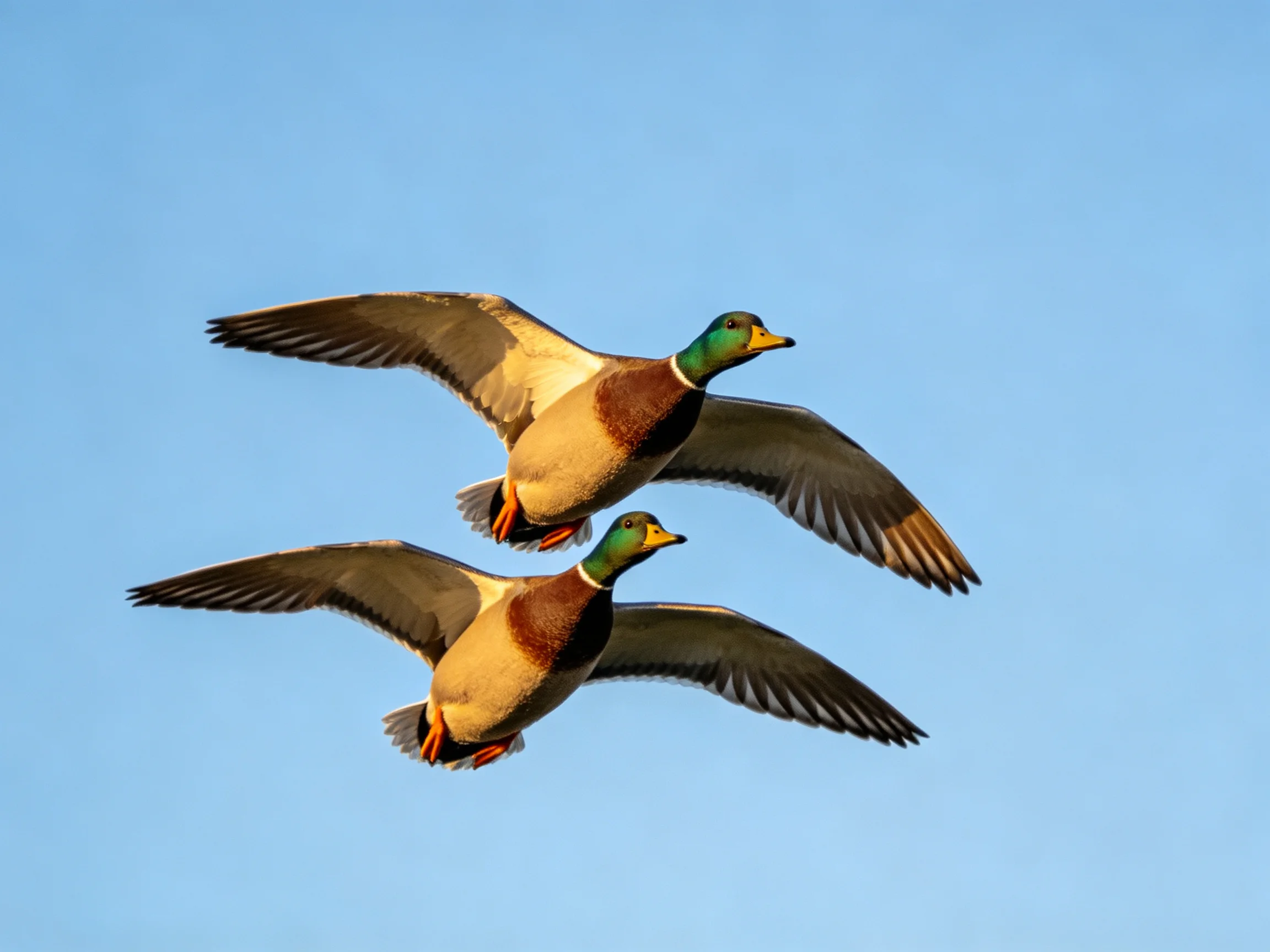Two mallard ducks flying together in clear blue sky