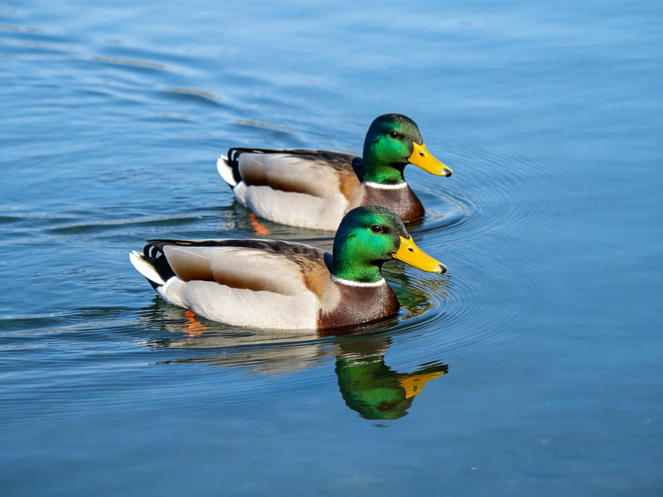Two mallard ducks glide gracefully over calm blue water