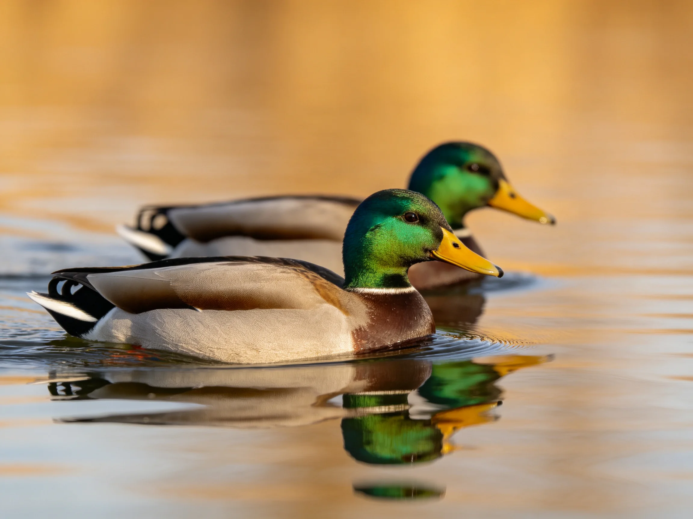 Two mallard ducks glide through calm water with green heads and yellow beaks