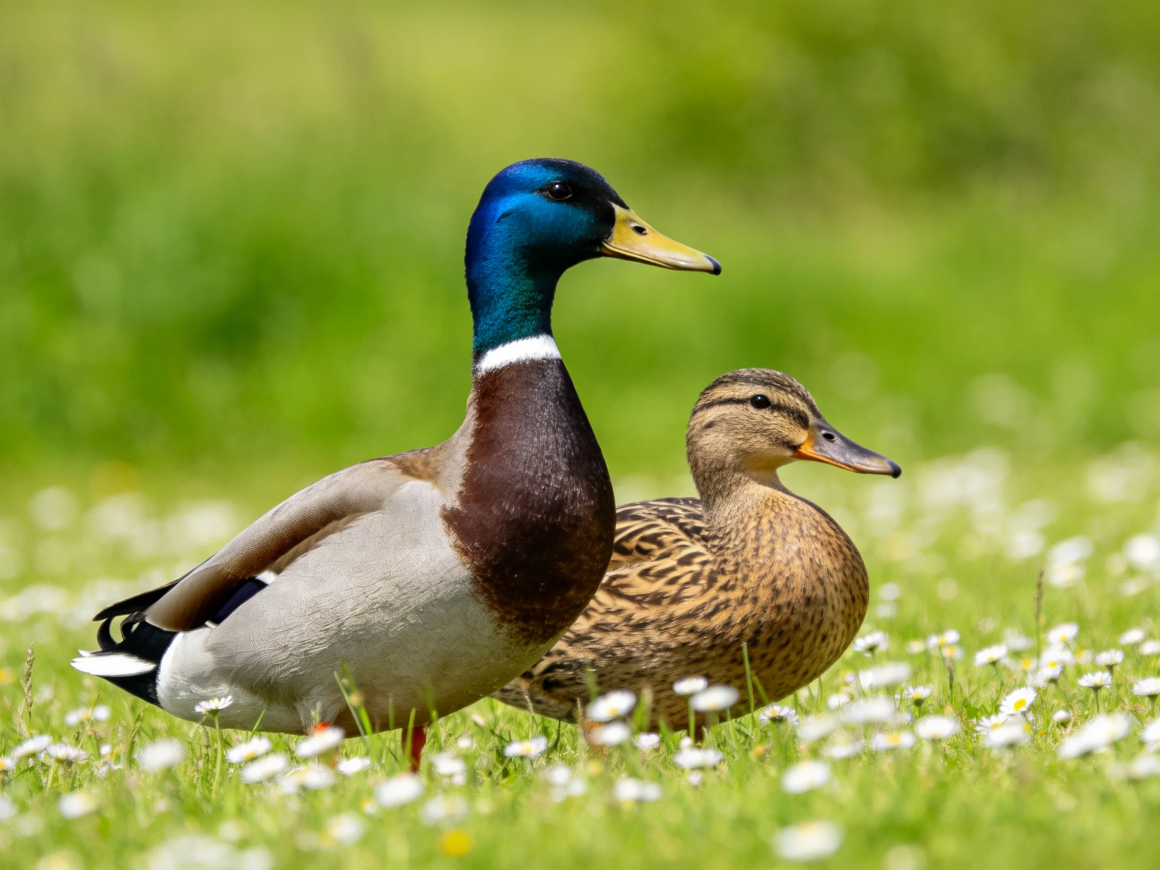 Two mallard ducks in a grassy meadow with white flowers