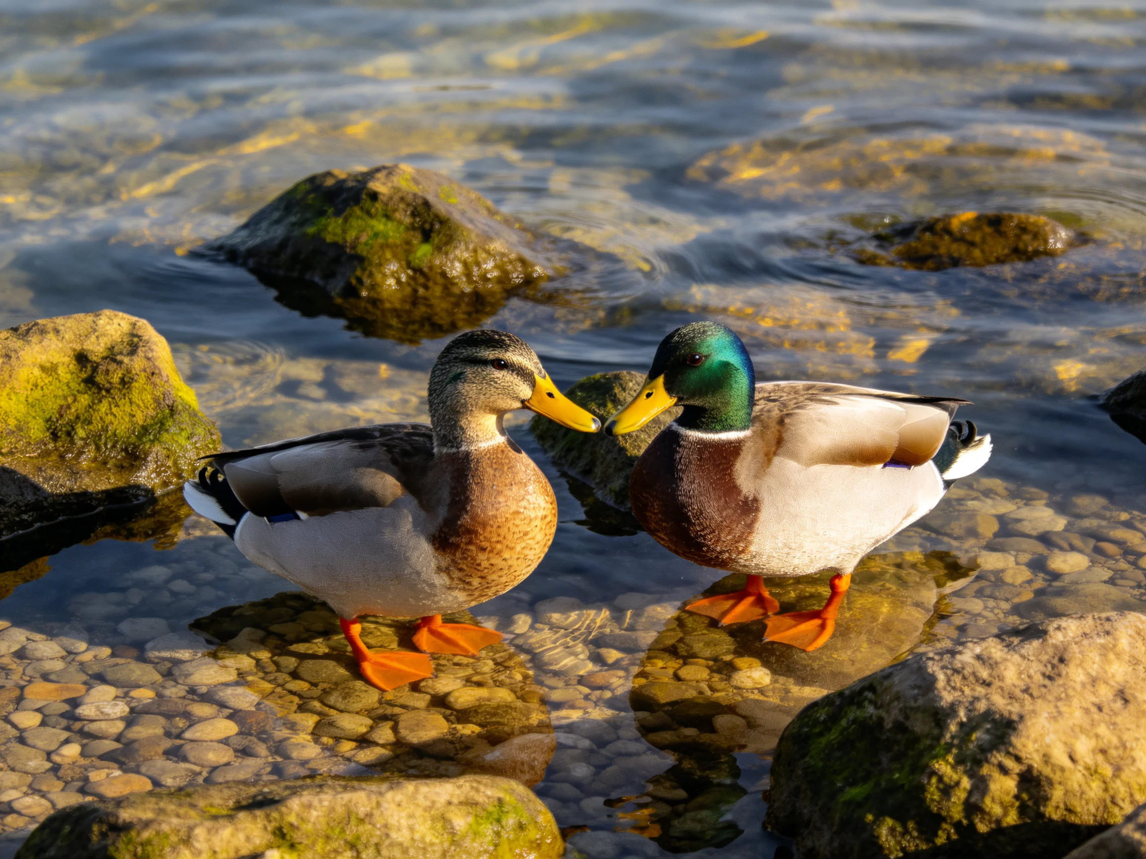 Two mallard ducks interact by clear, rocky waters with moss-covered stones