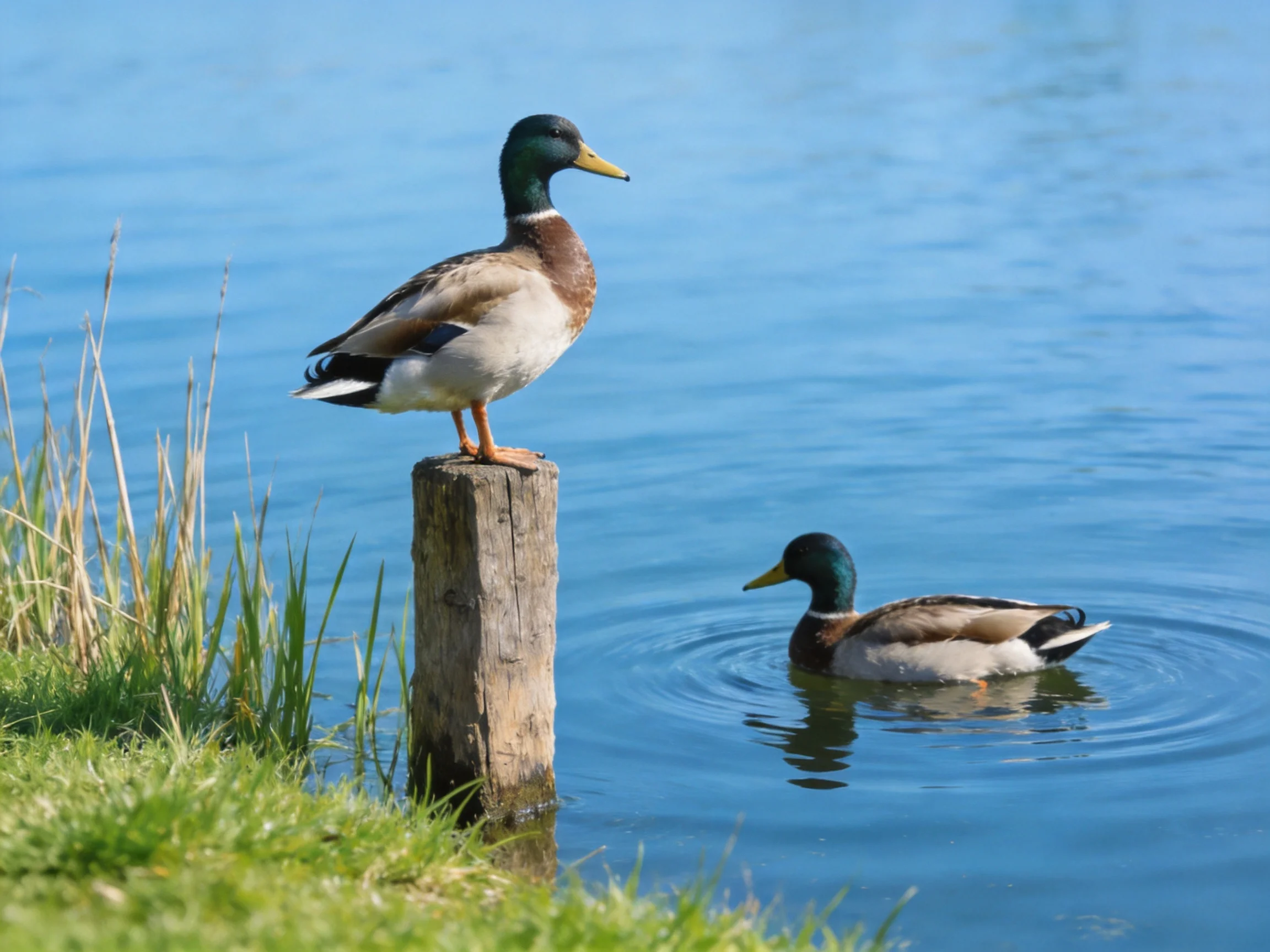 Two mallard ducks, one on a wooden post, the other swimming in clear blue water