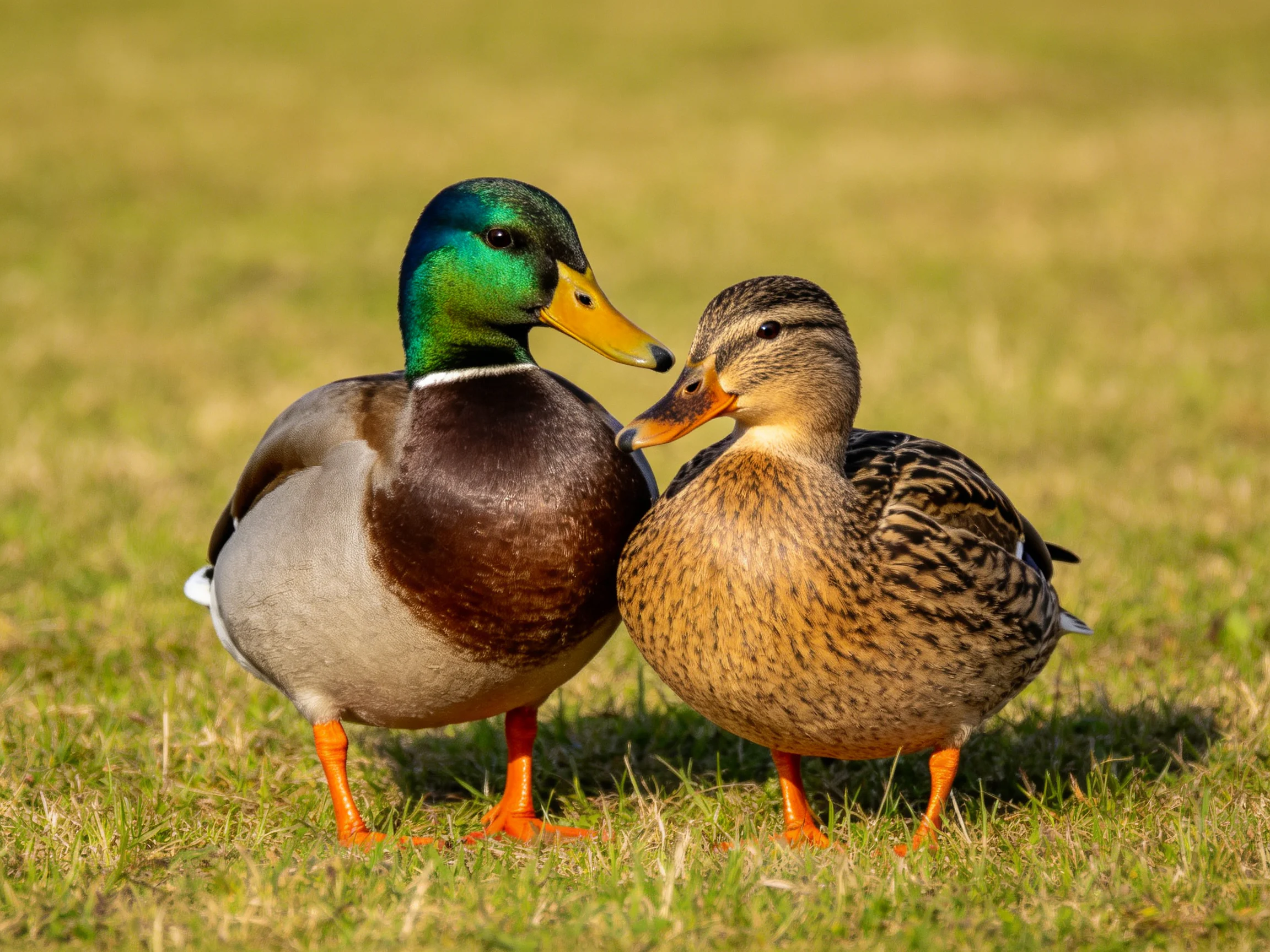 Two mallard ducks, one with green head/brown chest, one with brown speckles, on grass.