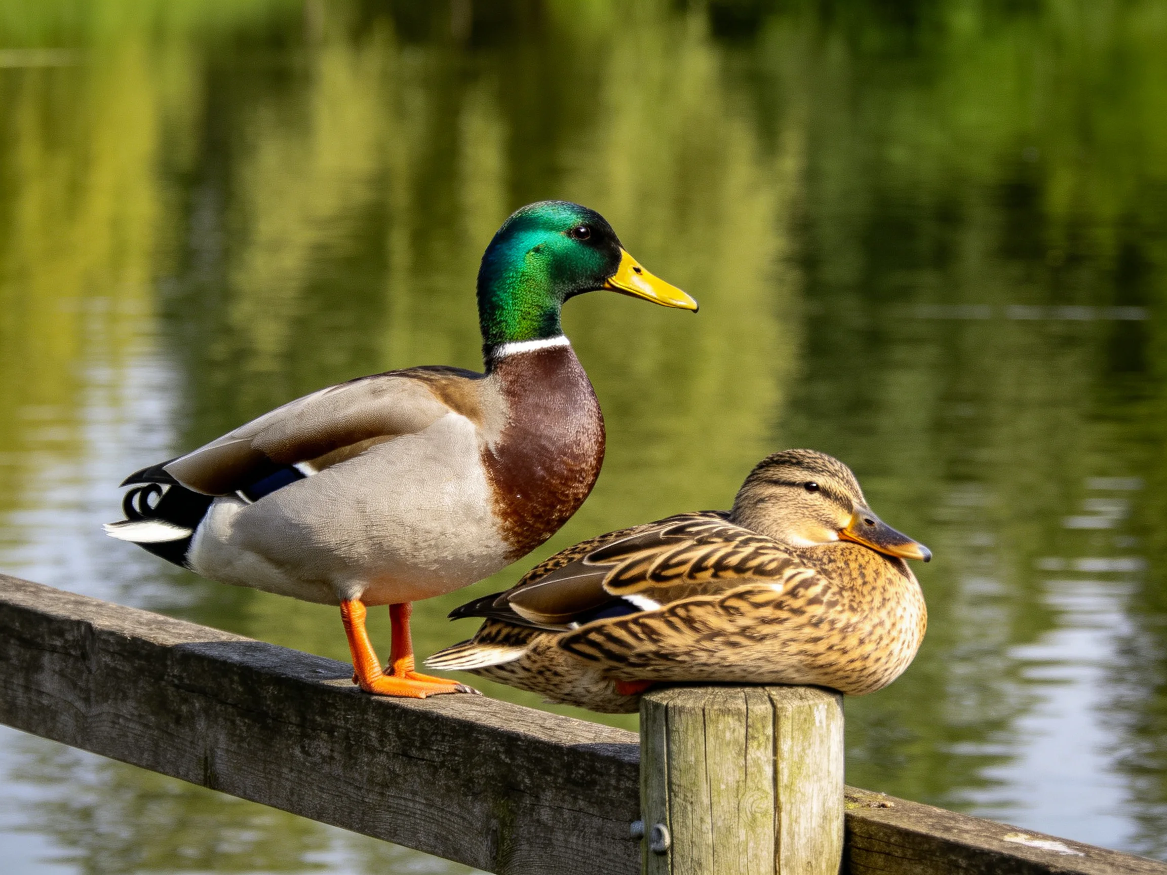 Two mallard ducks rest on a wooden railing by calm water