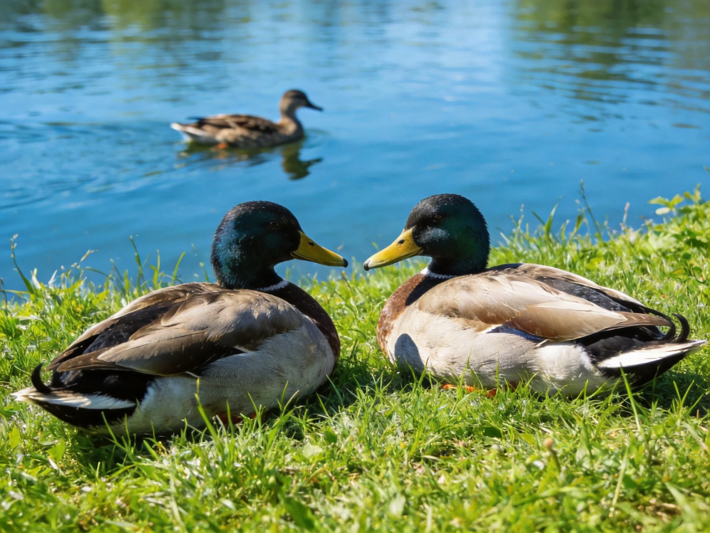 Two mallard ducks rest on grass by a serene blue pond with one swimming
