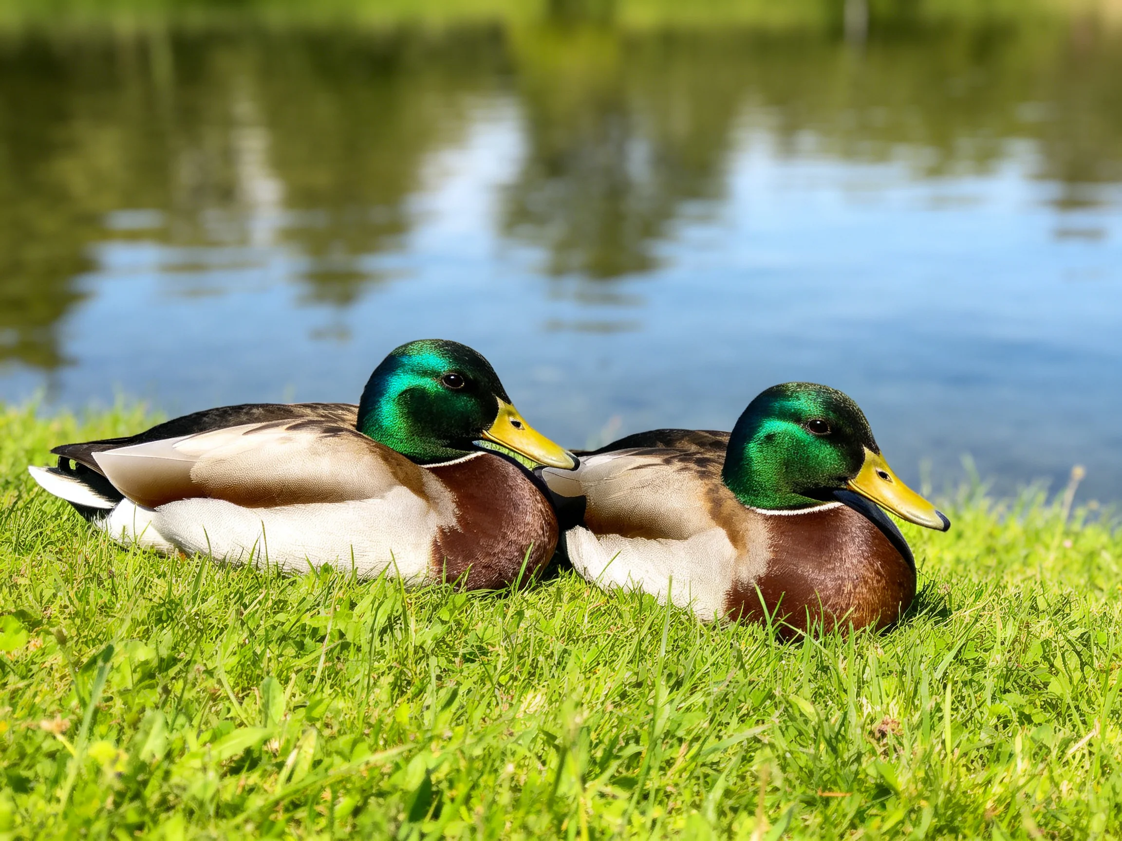 Two mallard ducks rest on lush grass beside a calm body of water
