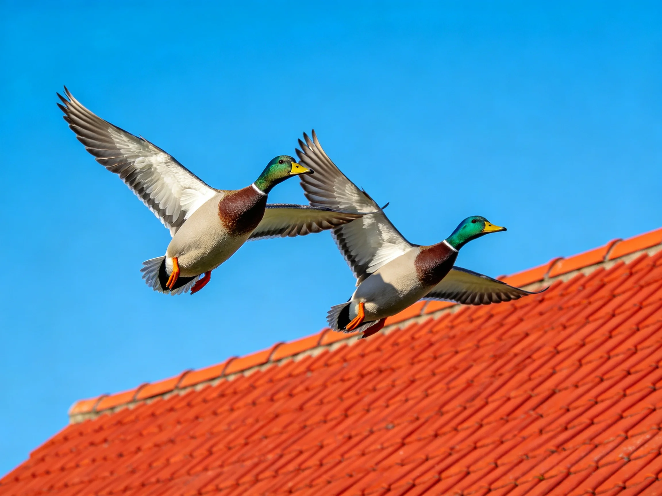 Two mallard ducks soar past a bright red tiled roof beneath clear blue sky