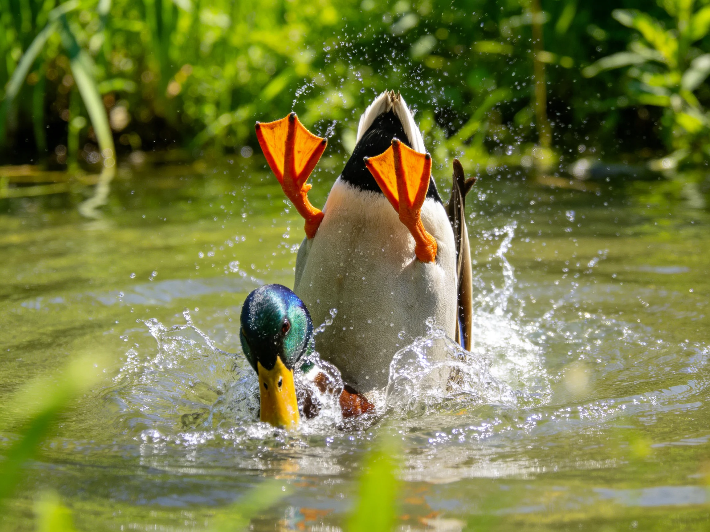 Two mallard ducks splash in a sunlit pond with vibrant surroundings