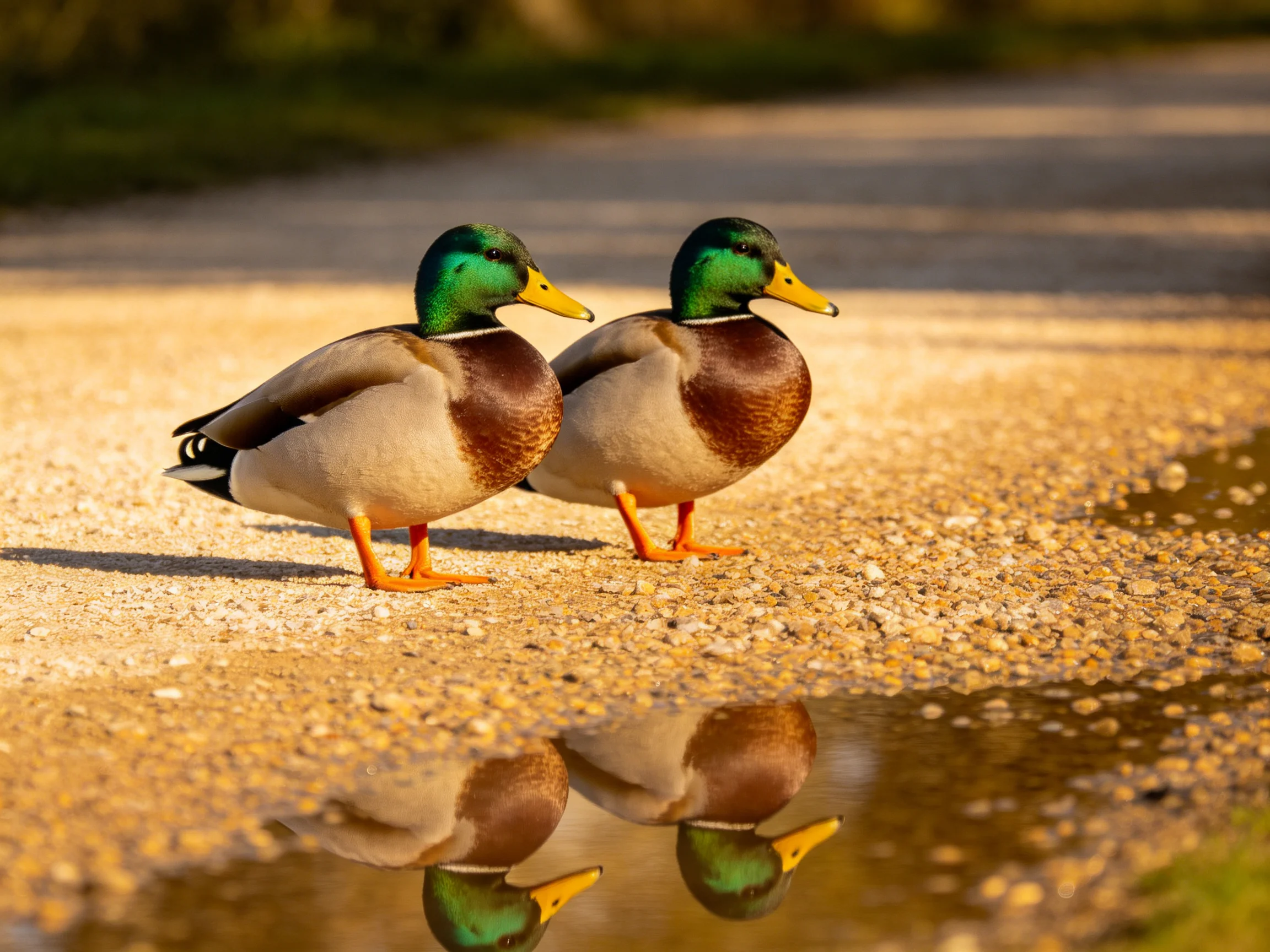 Two mallard ducks stand on a gravel path beside a reflective puddle