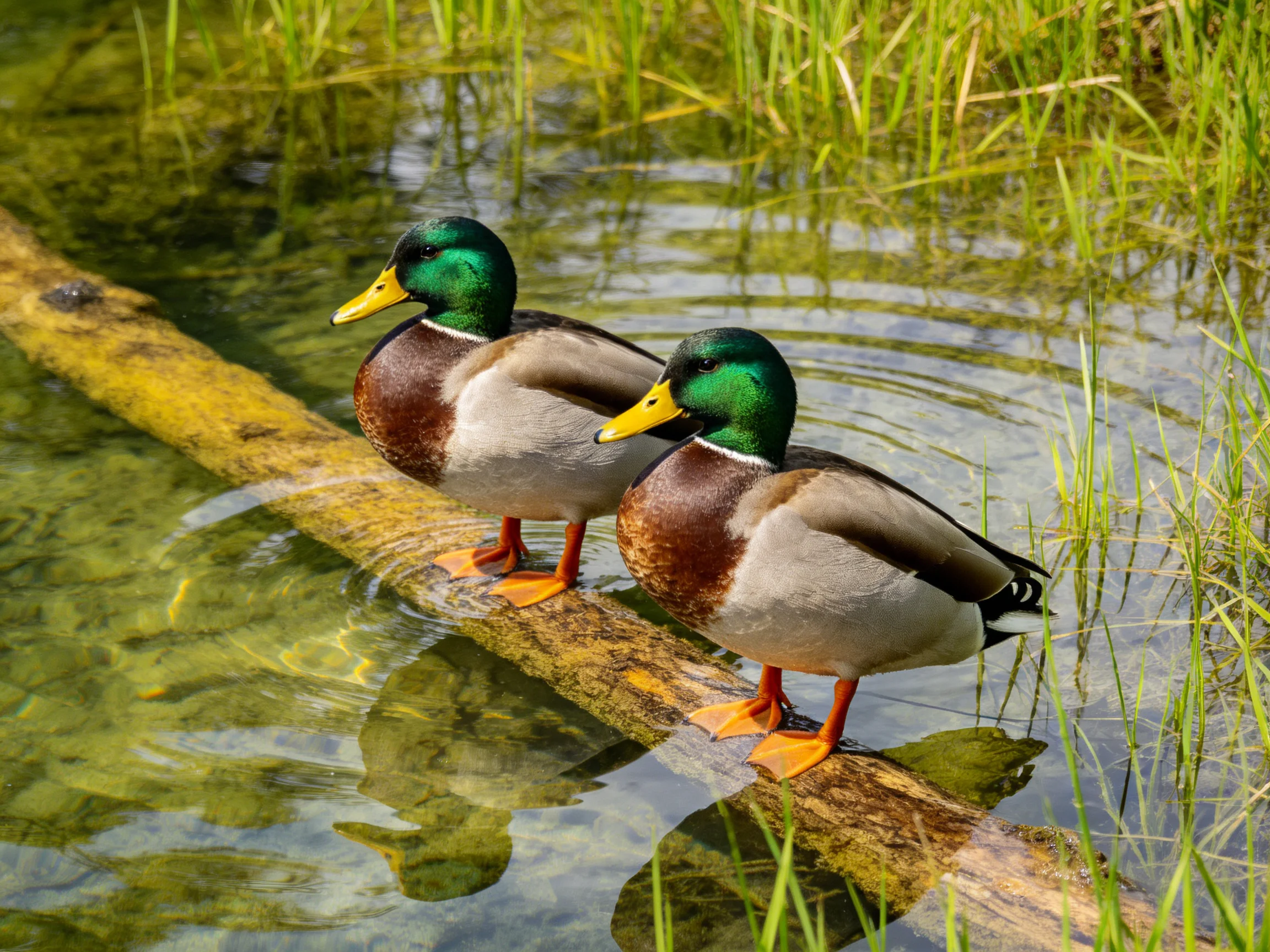 Two mallard ducks stand on a log in shallow water near tall green reeds