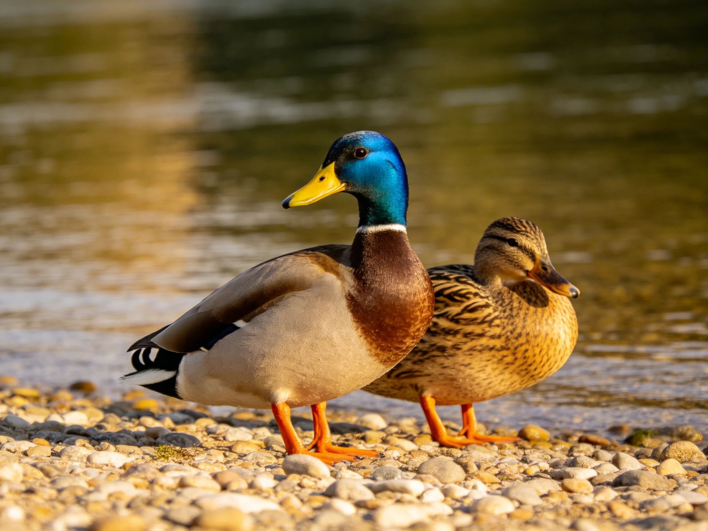 Two mallard ducks stand on a pebbly shore near calm water