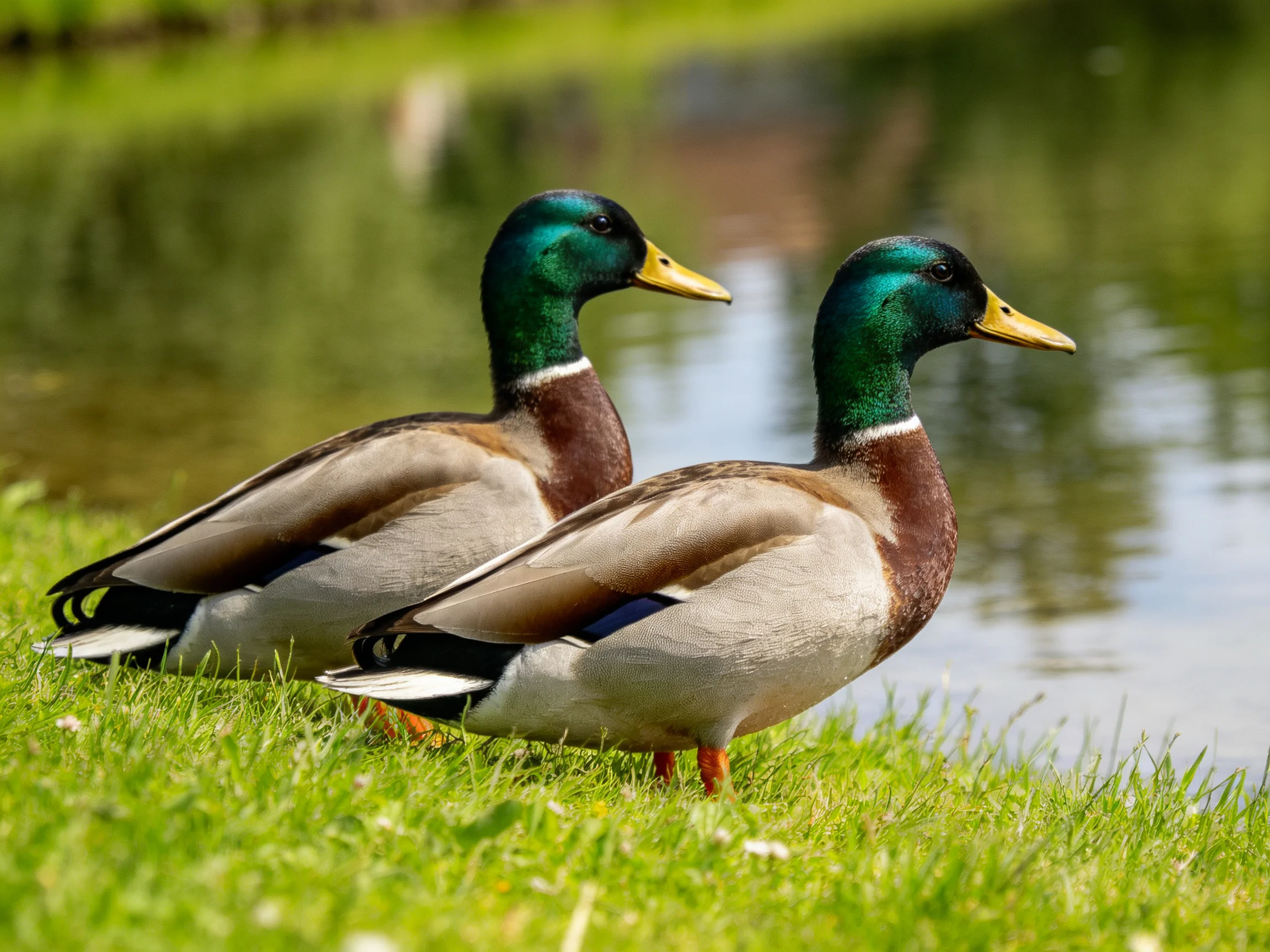 Two mallard ducks stand on lush green grass beside a calm pond