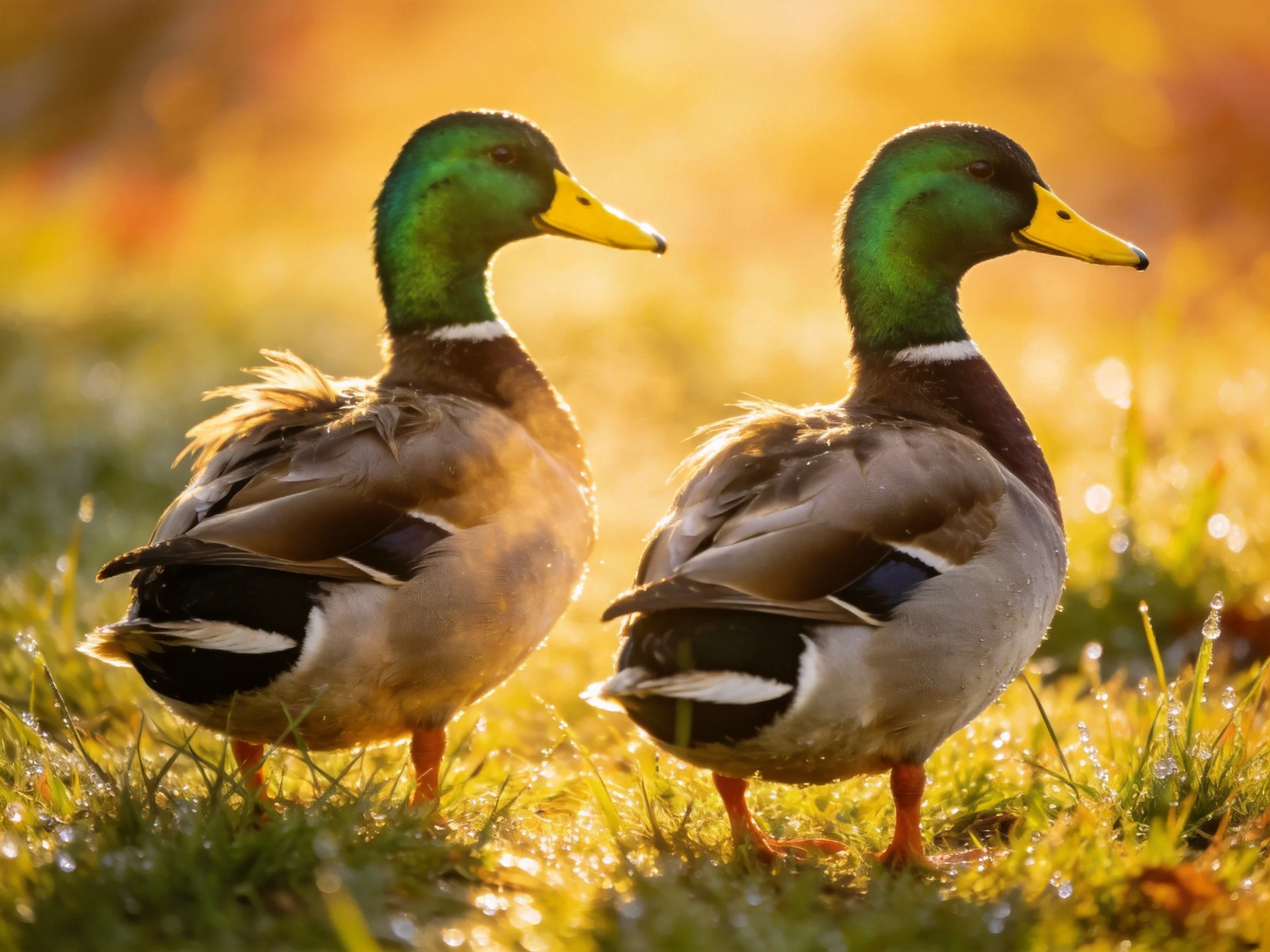 Two mallard ducks standing on dewy grass bathed in golden sunlight