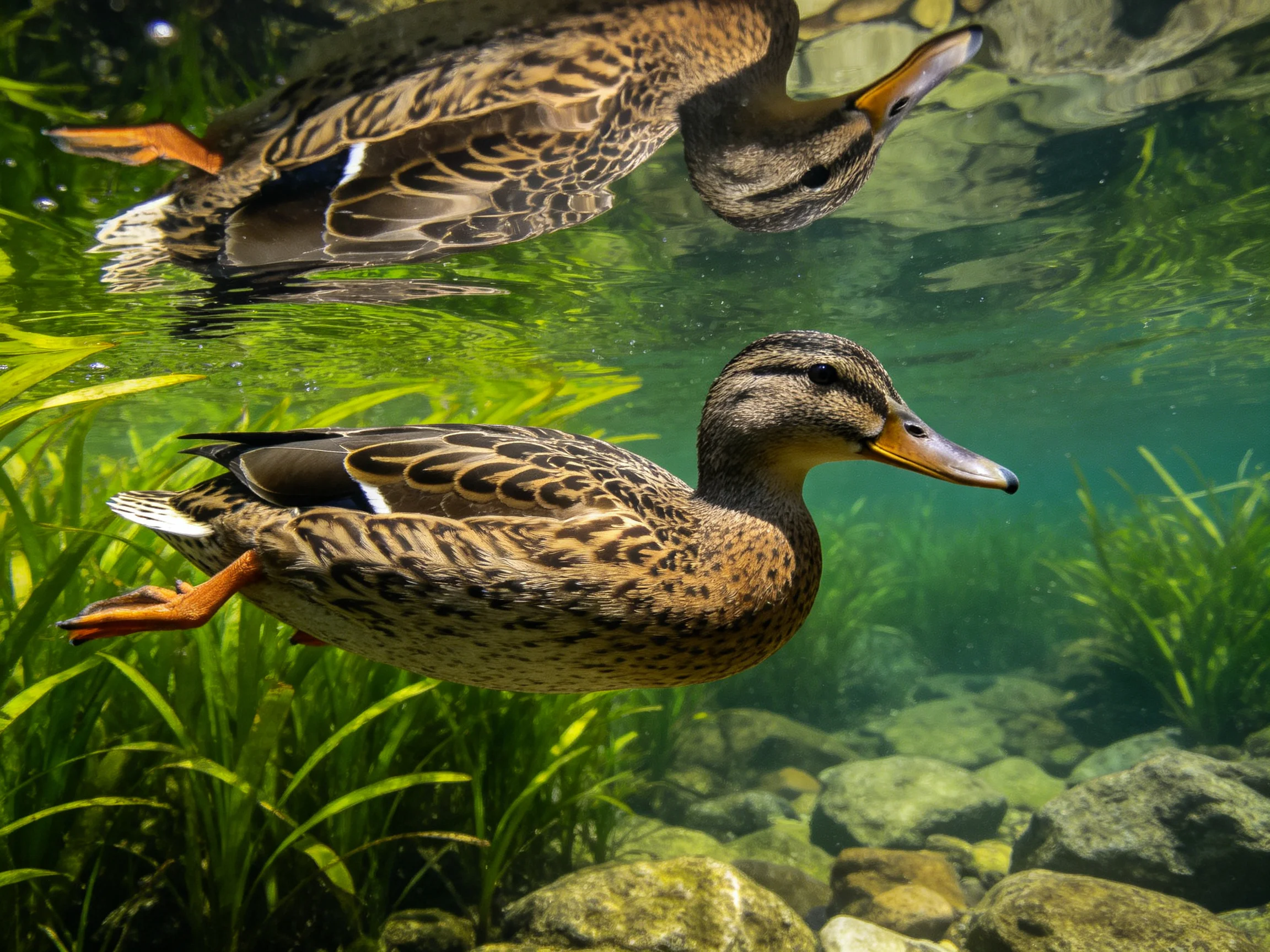 Two mallard ducks swim among aquatic plants and rocks in clear water