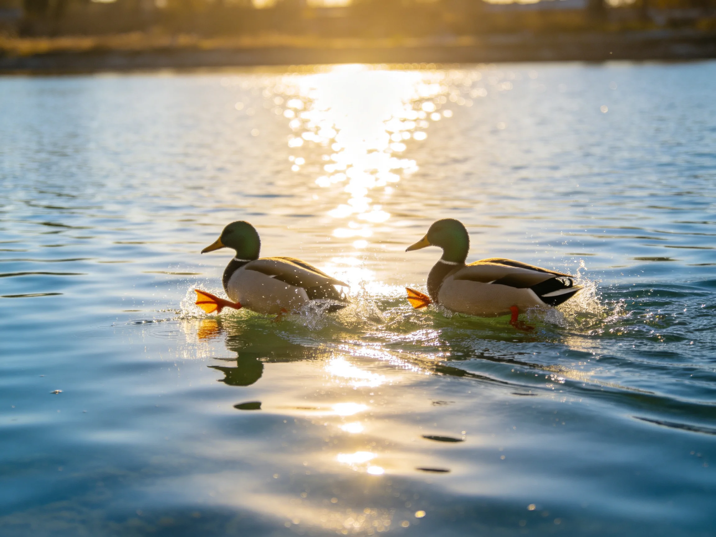 Two mallard ducks swim in shimmering water under golden sunlight