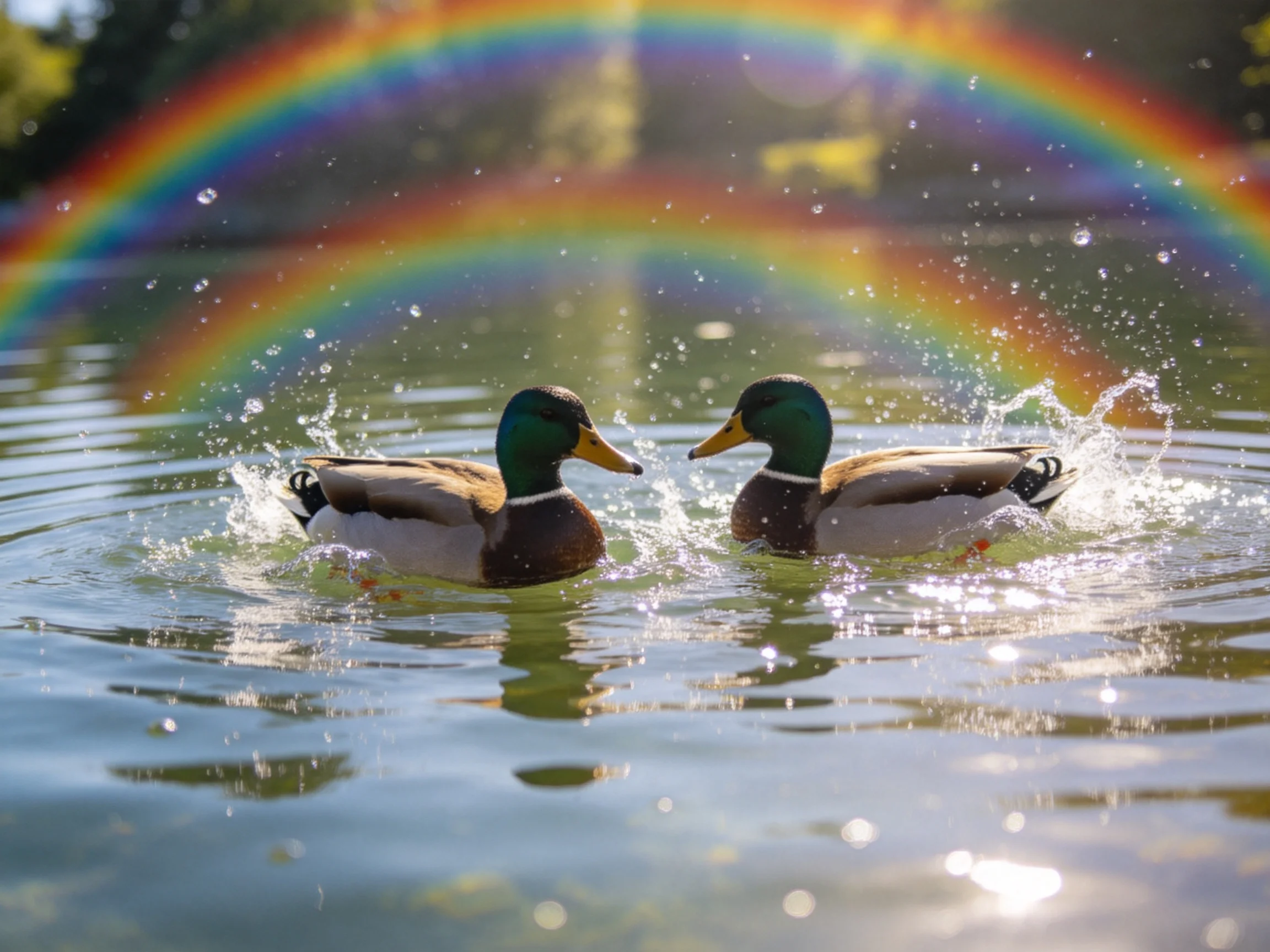 Two mallard ducks swim in water with a vibrant rainbow arching overhead
