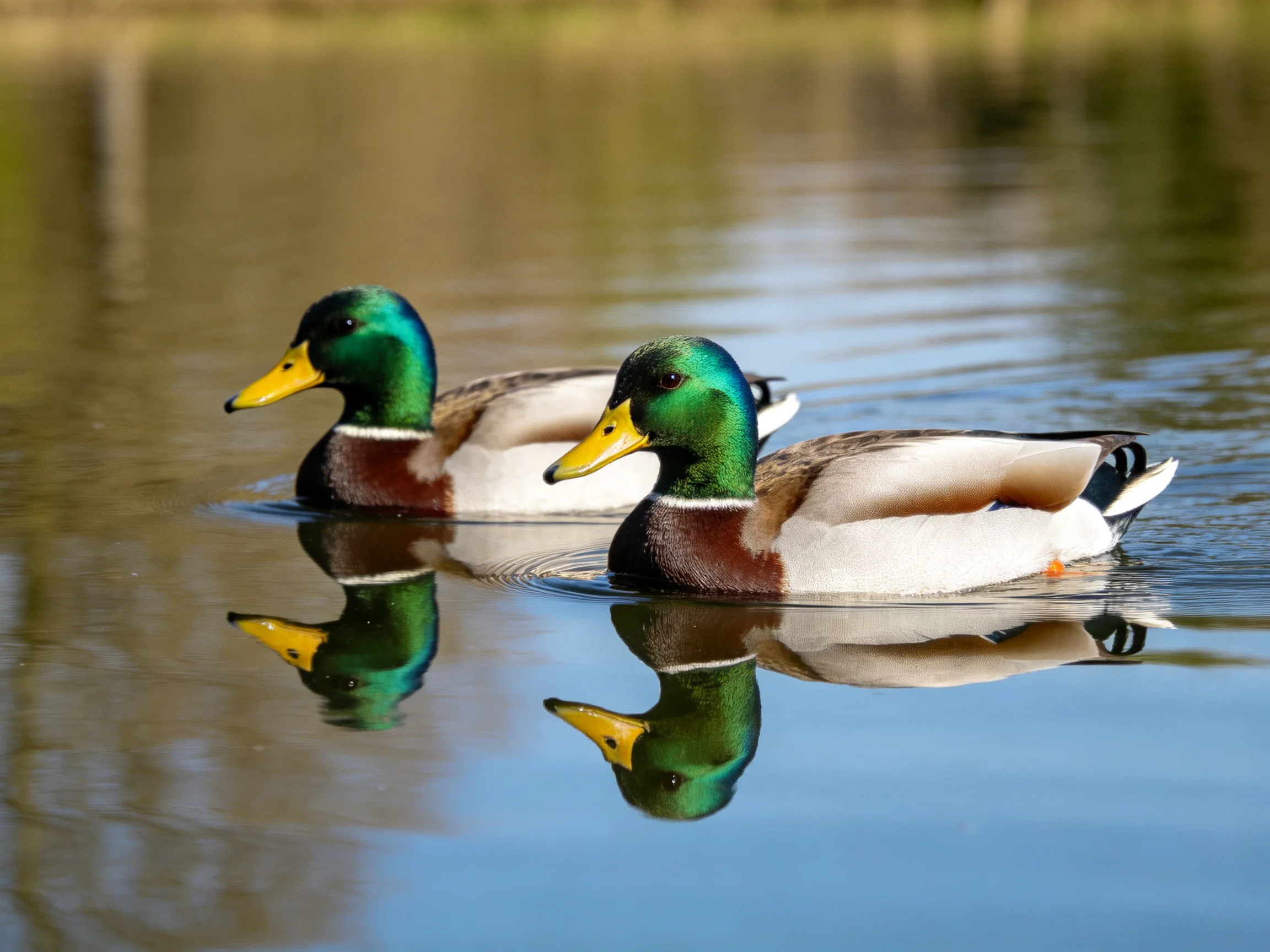Two mallard ducks swim on calm water with green heads and yellow beaks