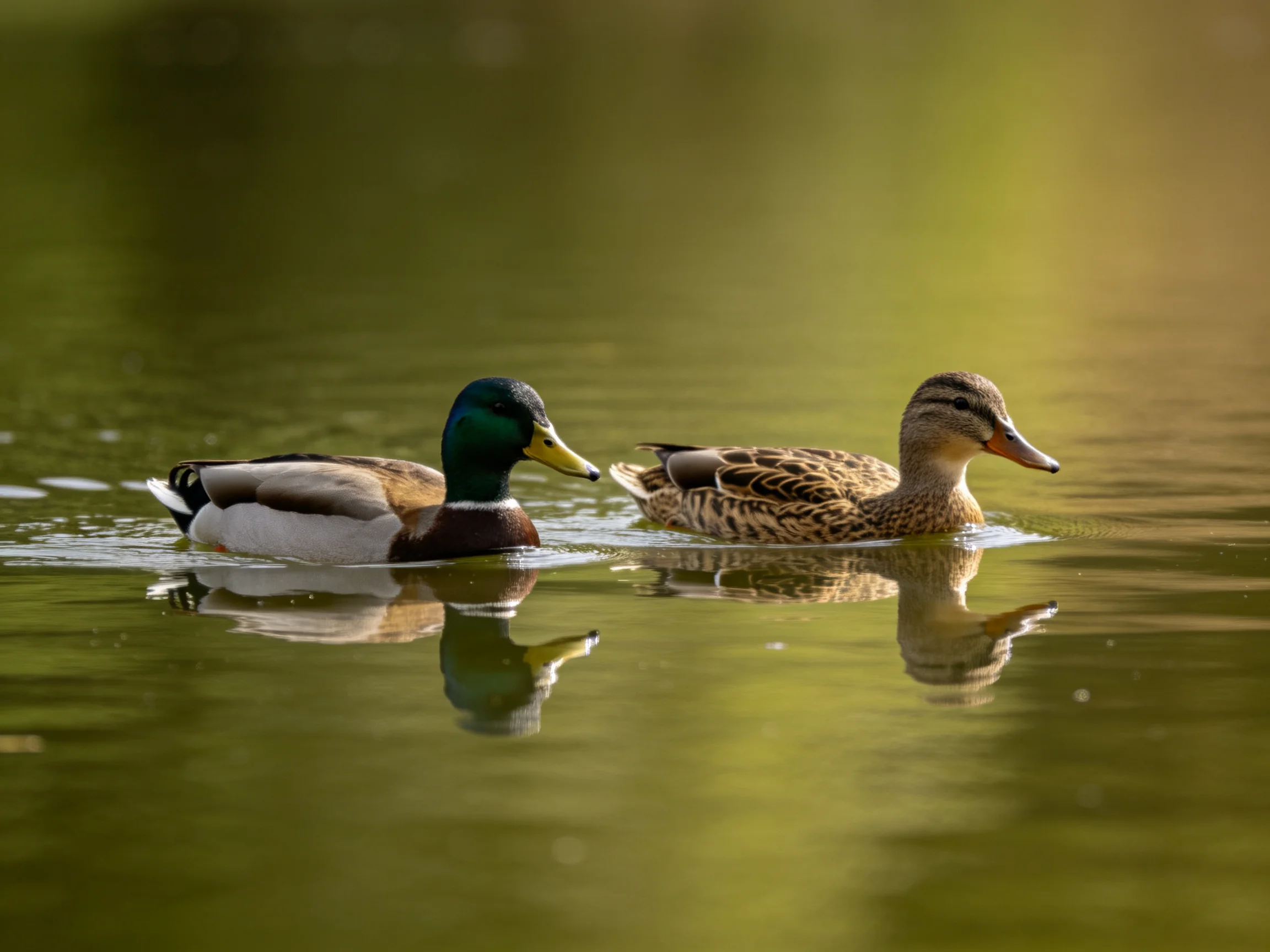 Two mallard ducks swim side by side in calm, reflective water