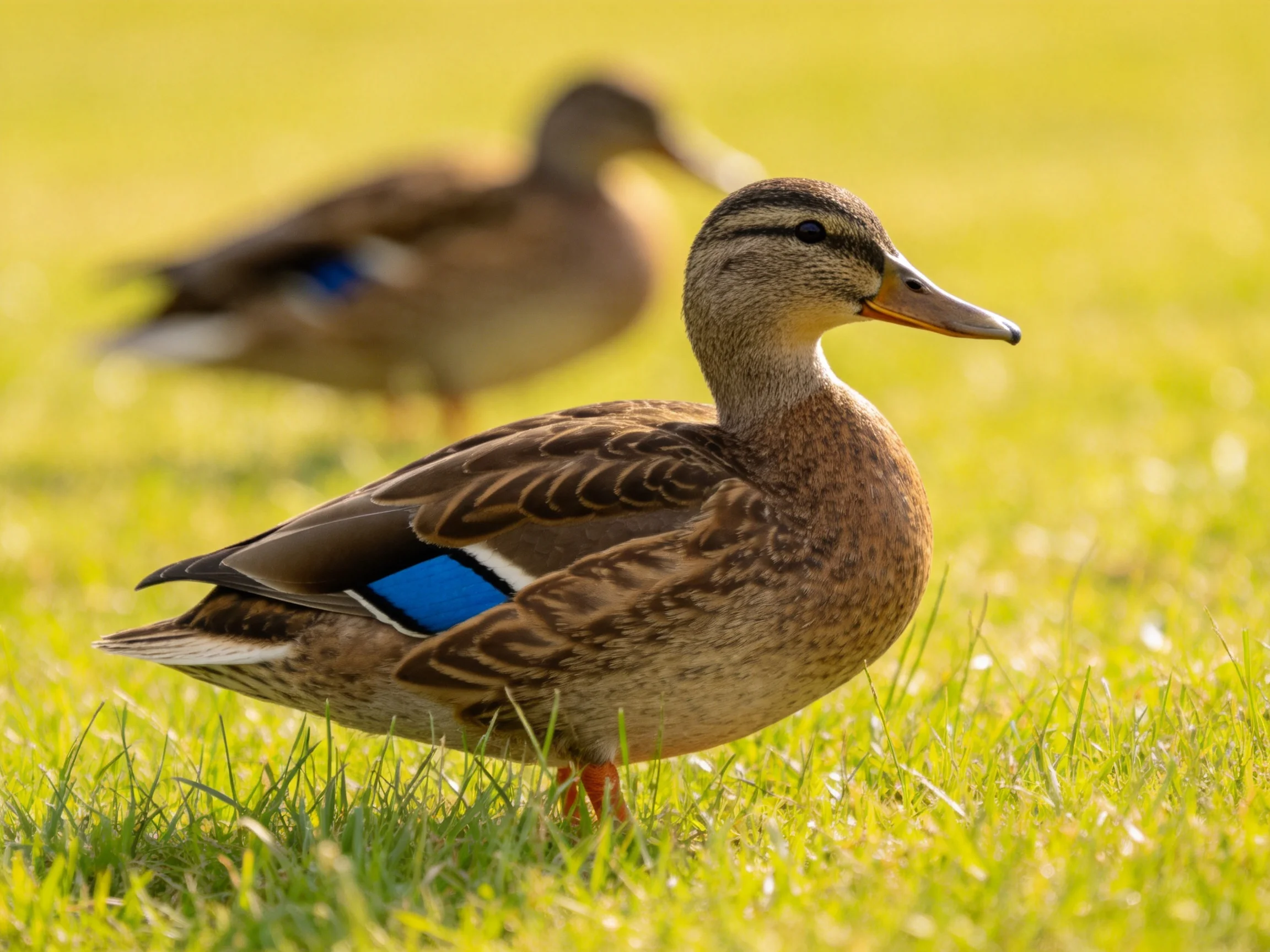 Two mallard ducks with blue wing patches standing on bright green grass