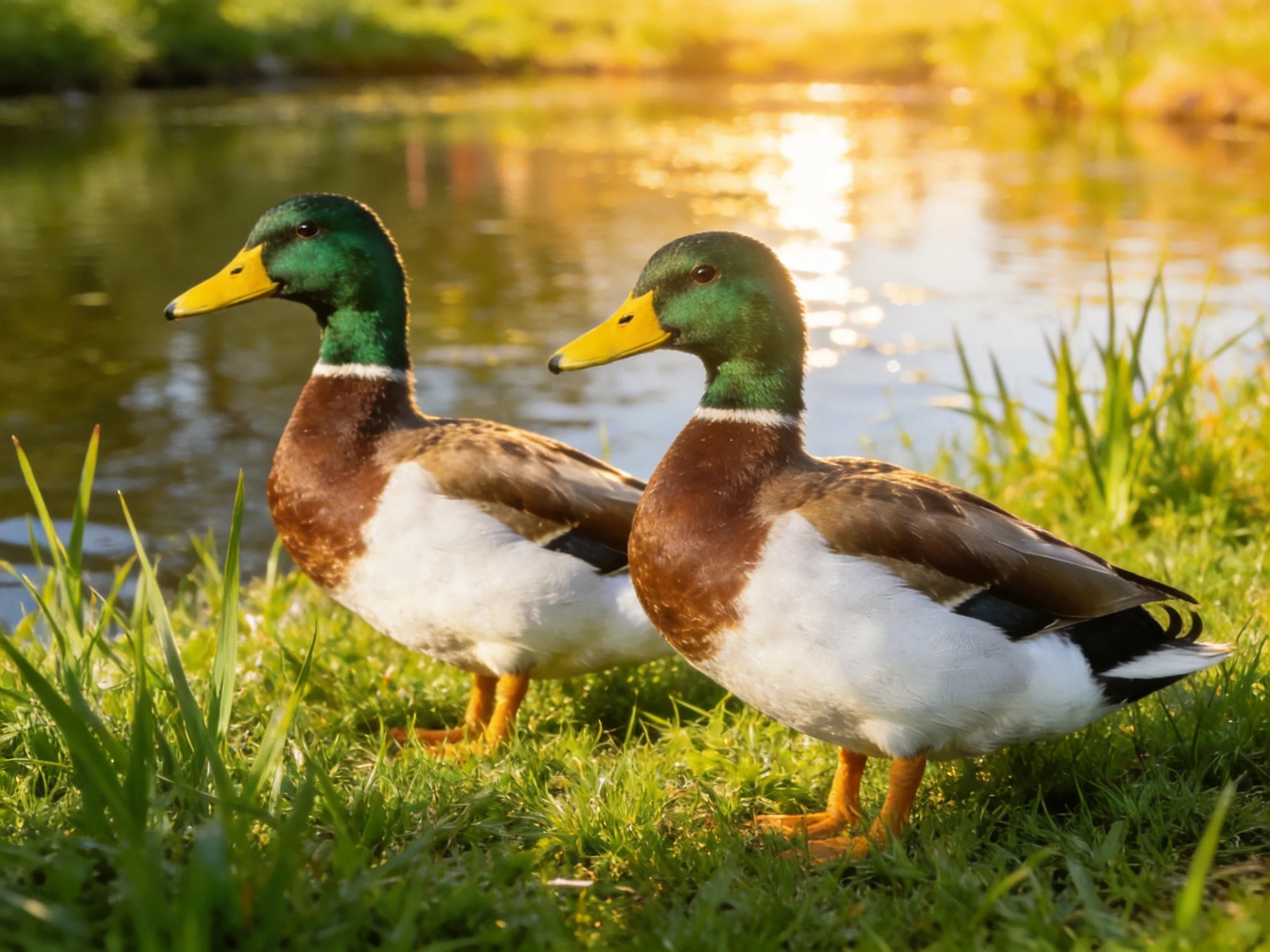 Two mallard ducks with green heads and brown wings near a calm pond
