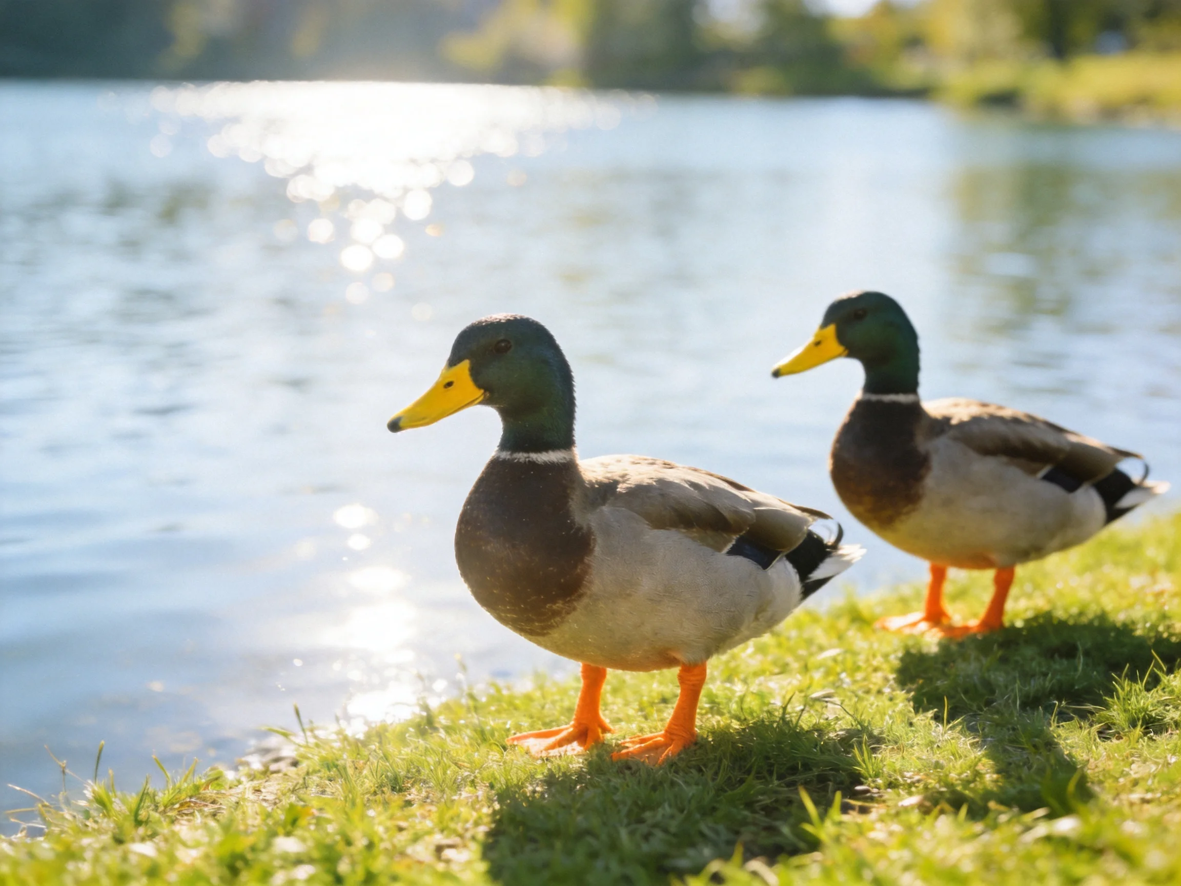 Two mallard ducks with green heads and yellow beaks stand on grass by a shimmering lake