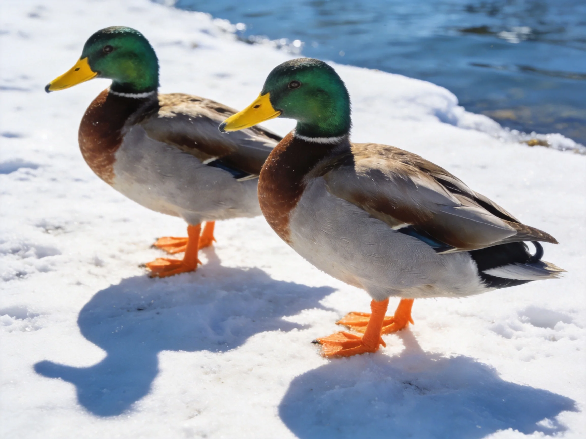 Two mallard ducks with green heads stand on snow near water