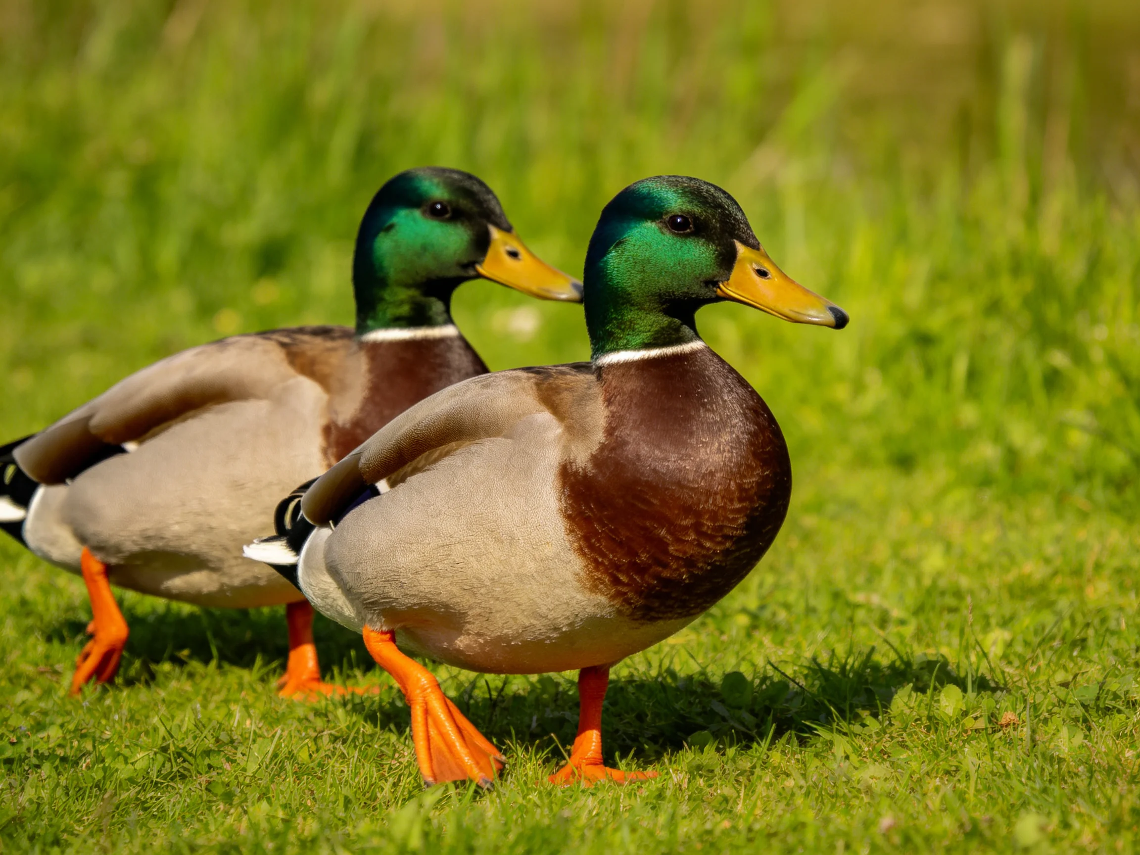 Two mallard ducks with iridescent green heads walk on lush green grass