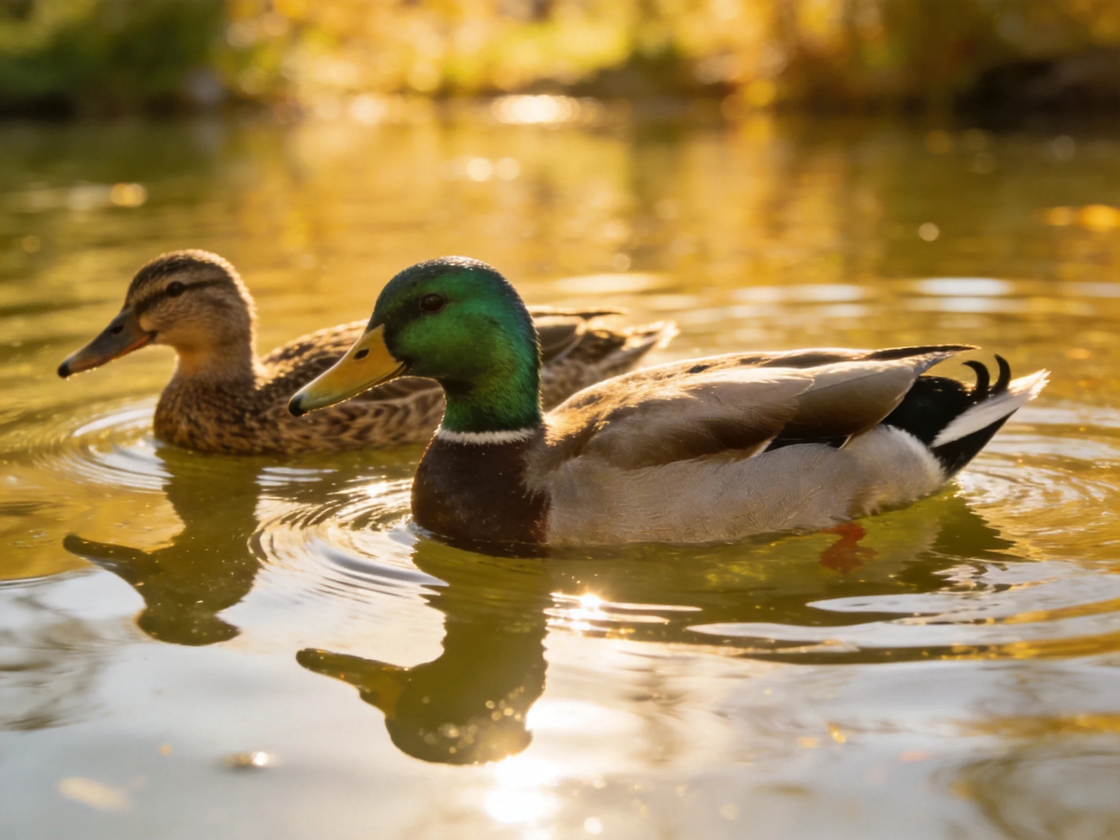 Two mallards swim in a sunlit pond with golden reflections