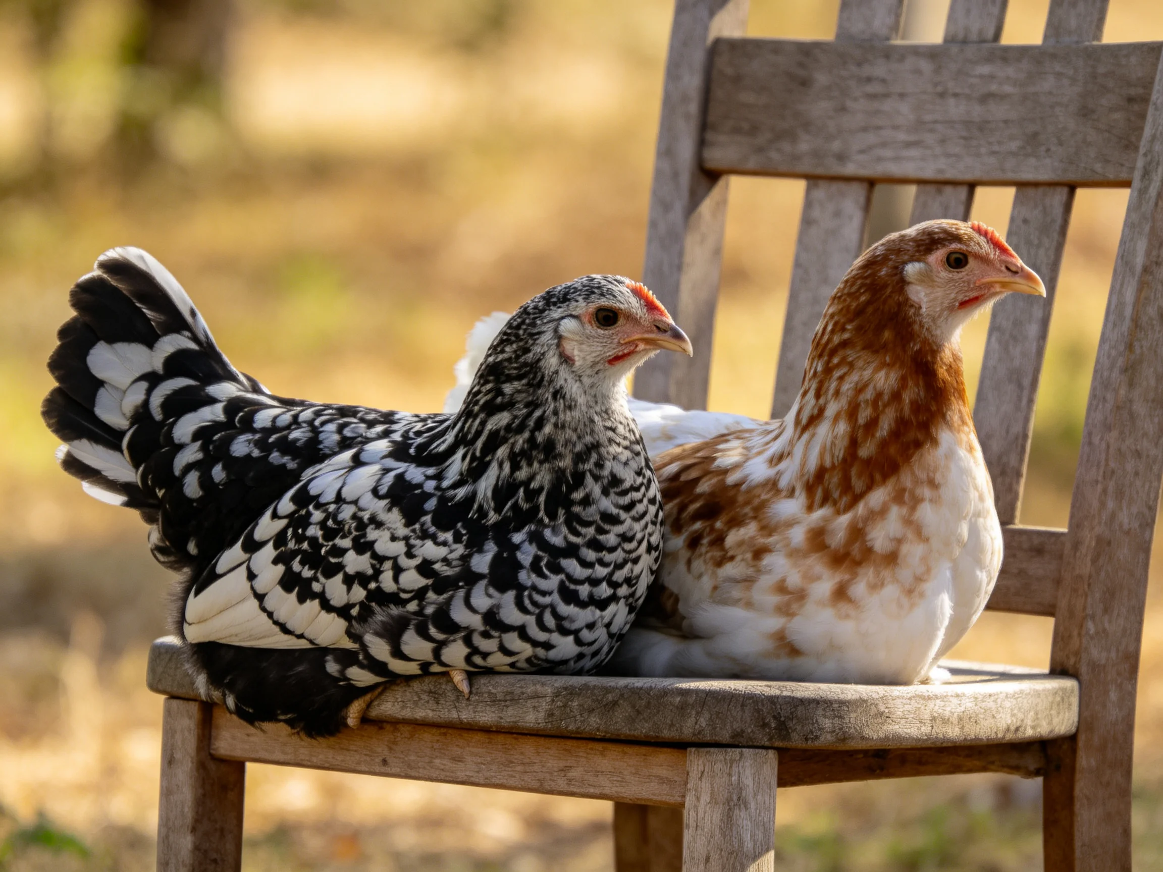 Two patterned chickens sit on a weathered wooden chair outside