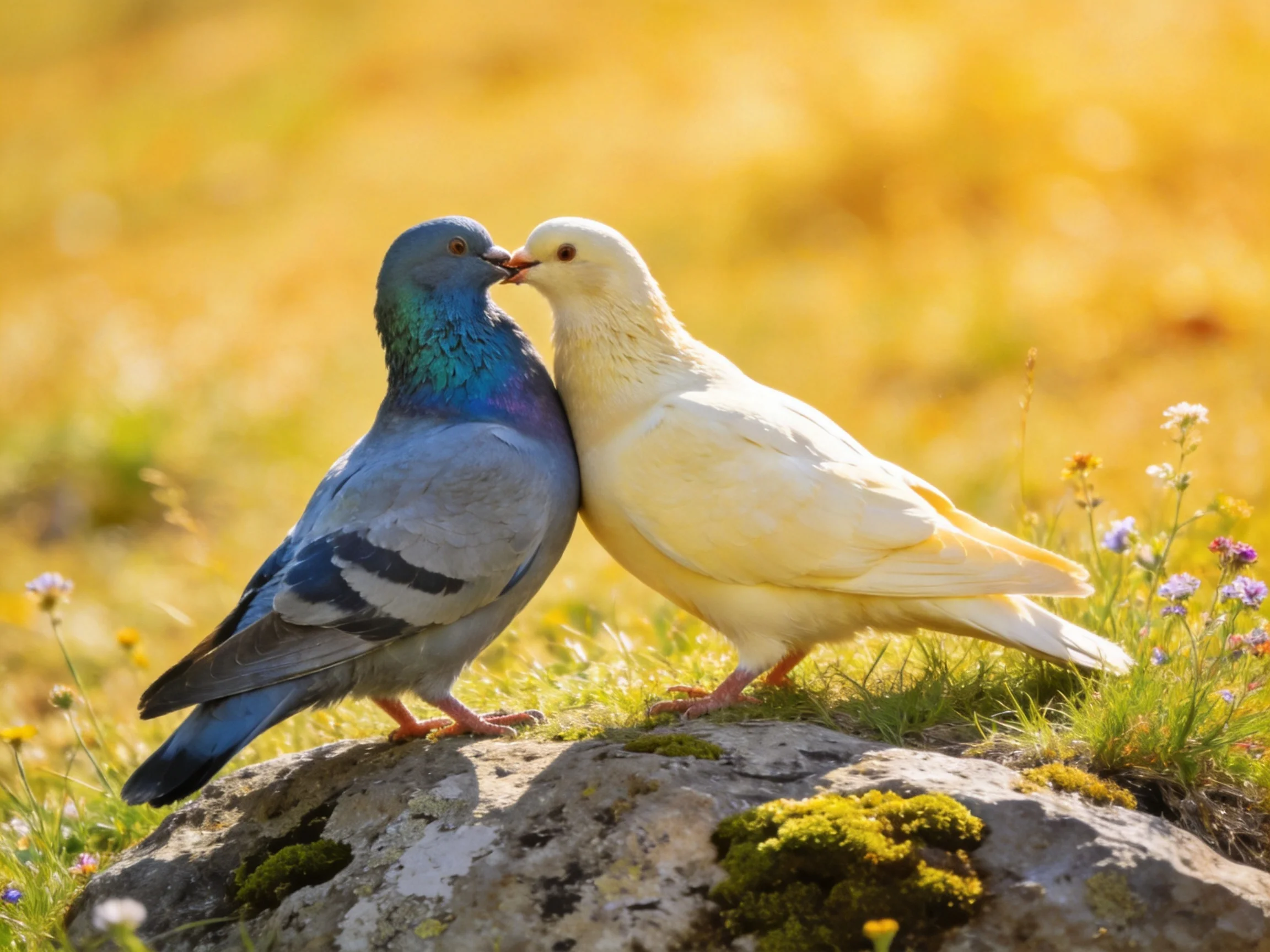 Two pigeons, one blue-gray and one white, nuzzle on a moss-covered rock amid wildflowers.