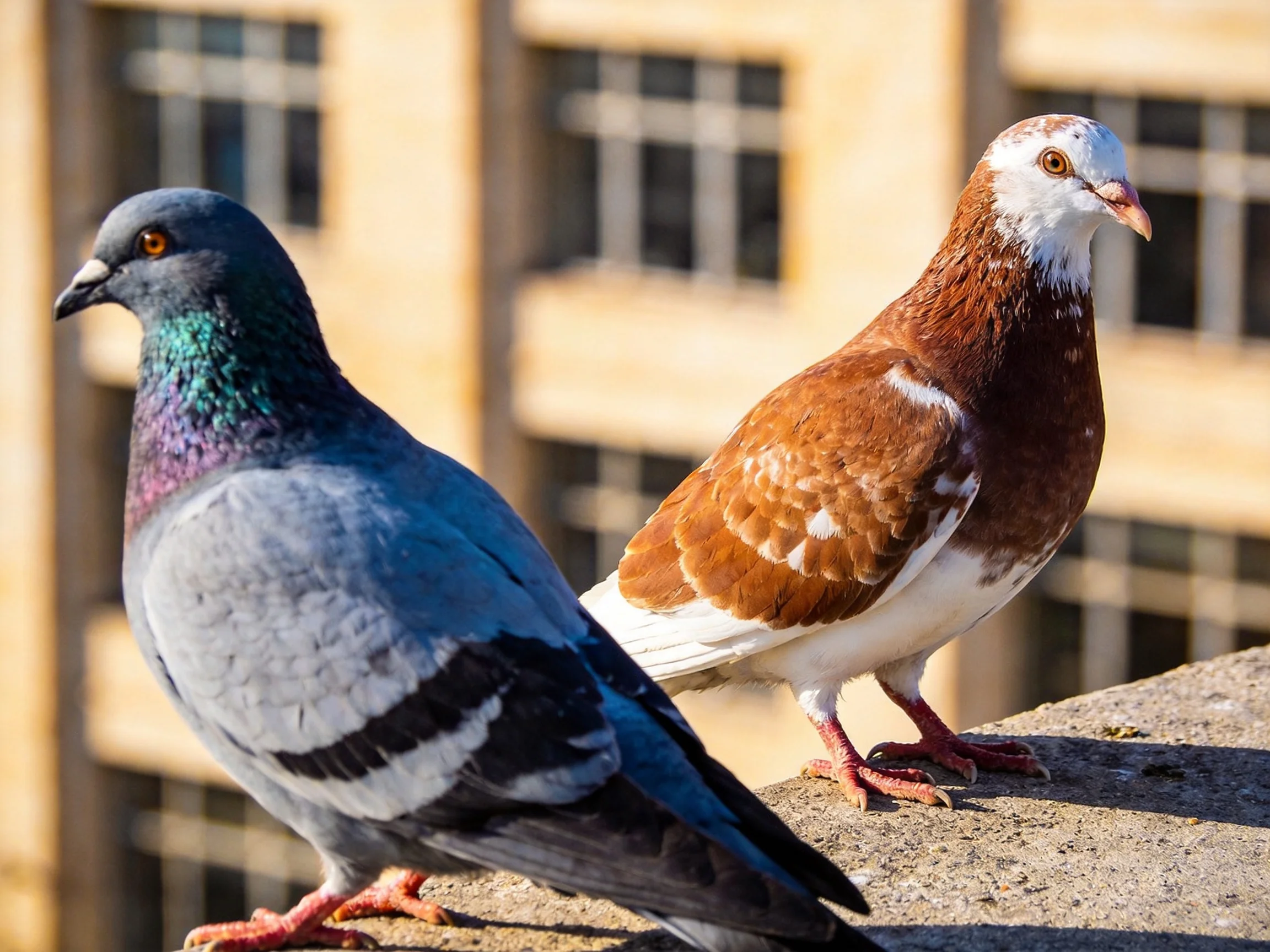 Two pigeons, one gray with iridescent neck, one brown and white, on a ledge near a building