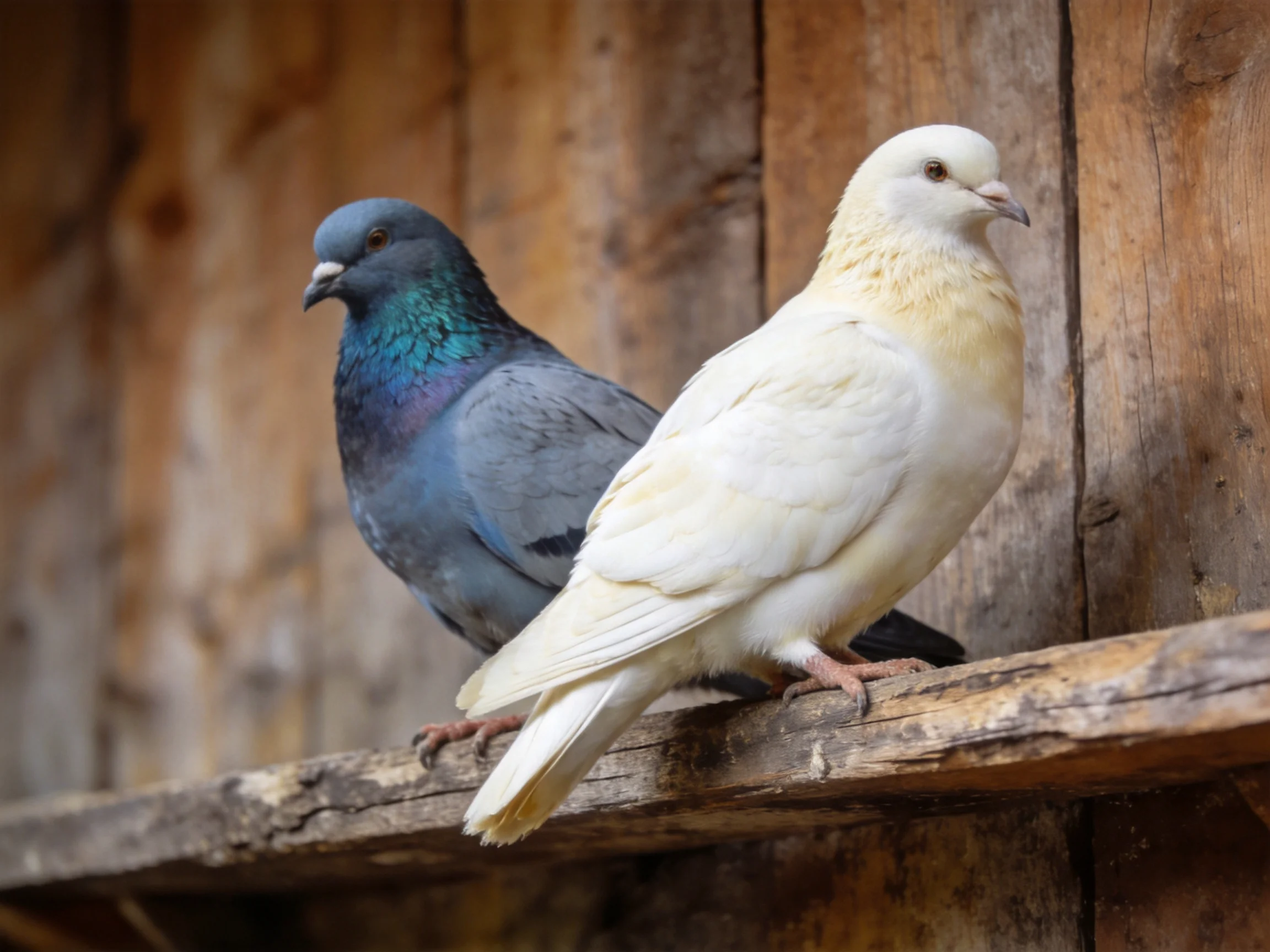 Two pigeons—one gray with iridescent neck, one white—rest on a weathered wooden beam