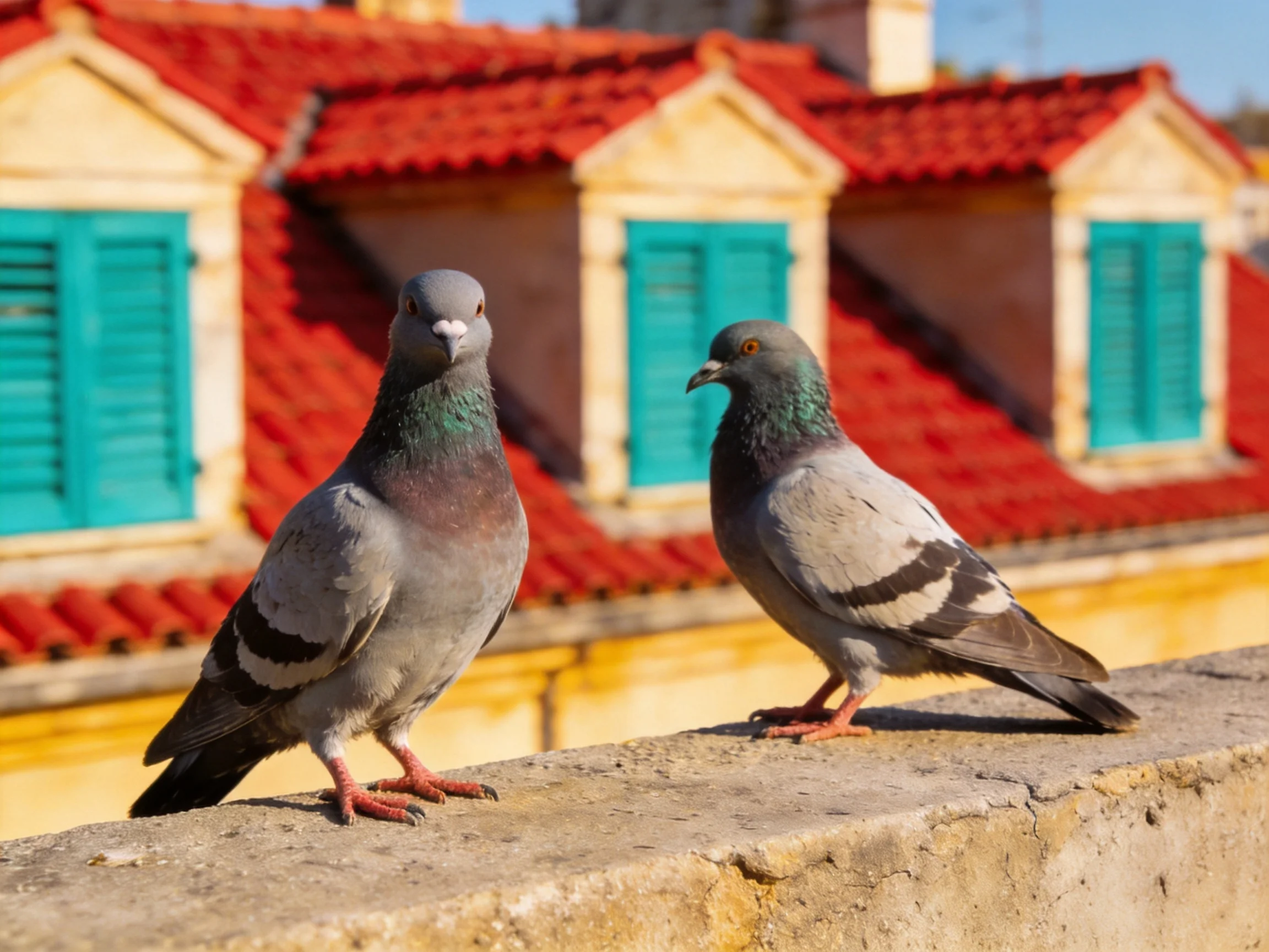 Two pigeons perch beside red-tiled rooftops with turquoise shutters