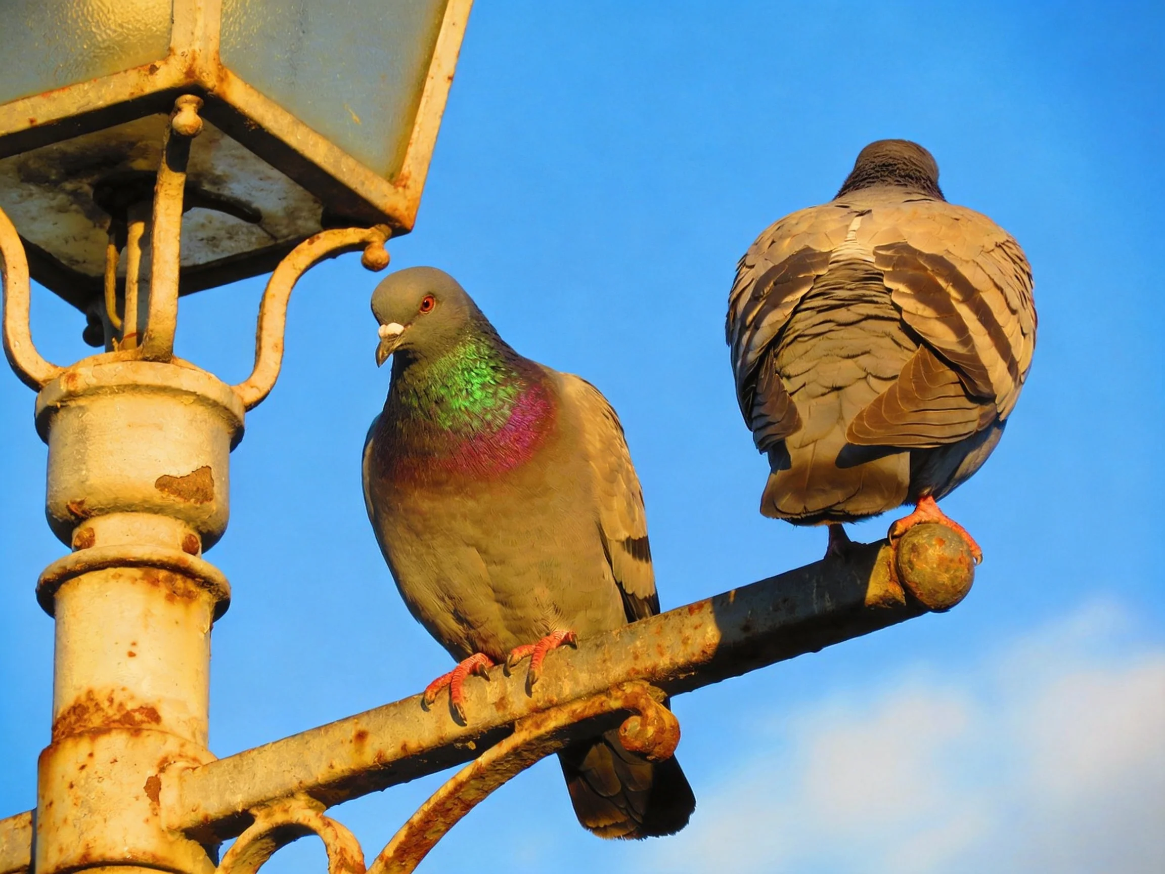 Two pigeons rest on a weathered, rusted street lamp with colorful plumage