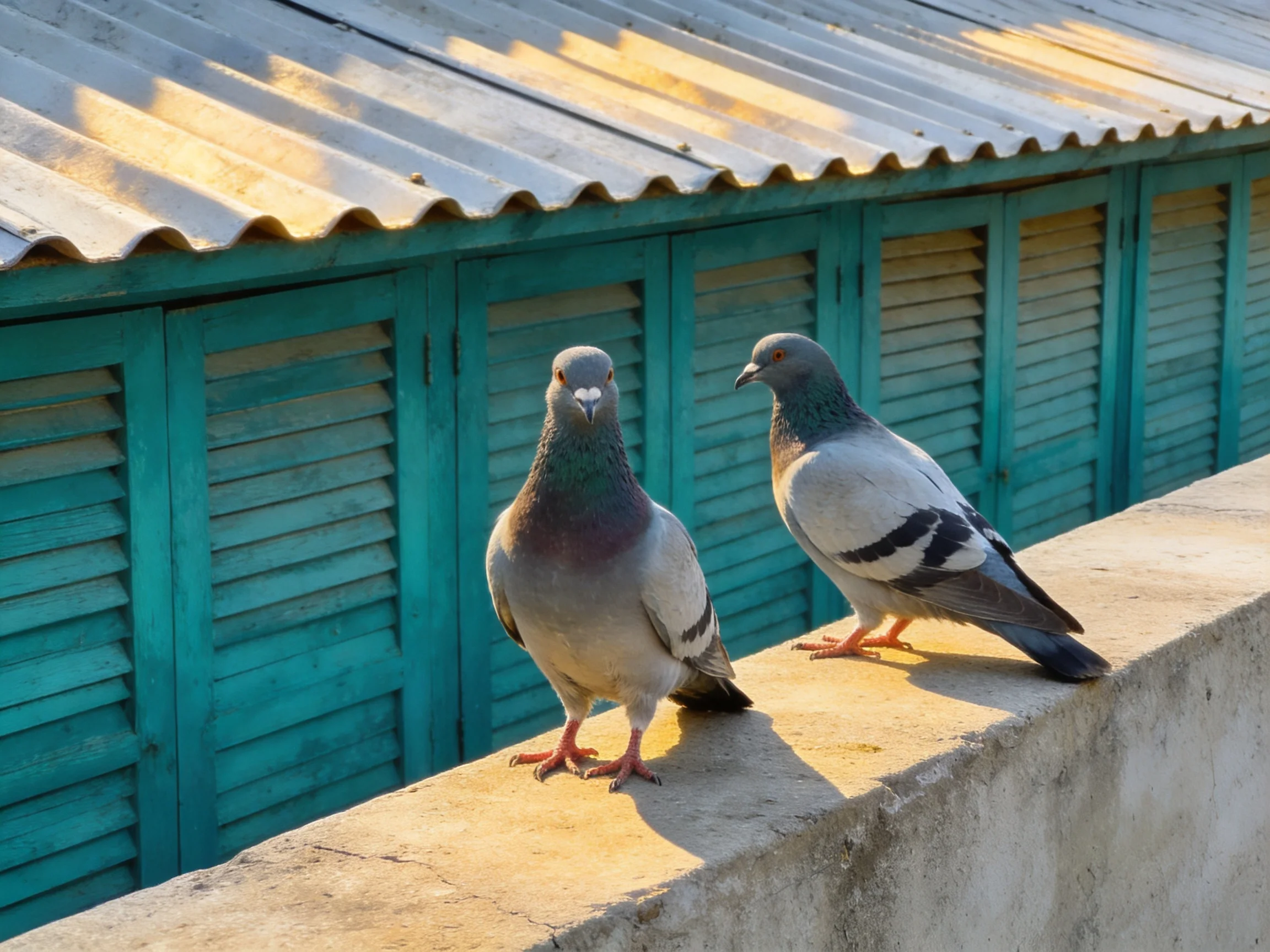 Two pigeons sit on a concrete ledge near turquoise shutters and a corrugated metal roof