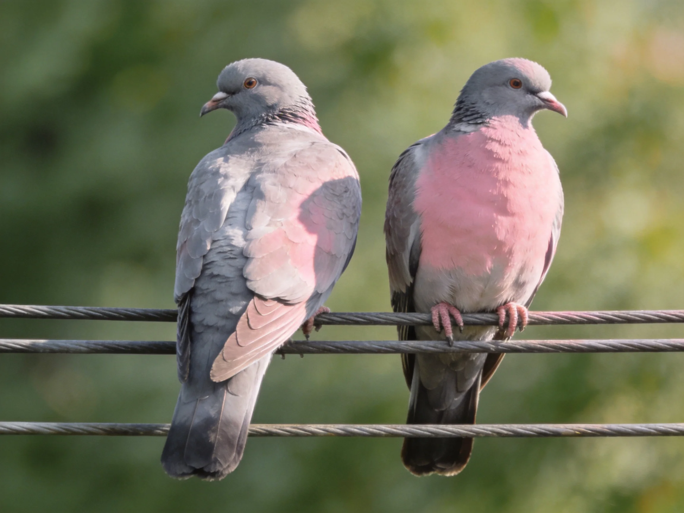 Two pink-and-gray pigeons perched on parallel wires with green foliage