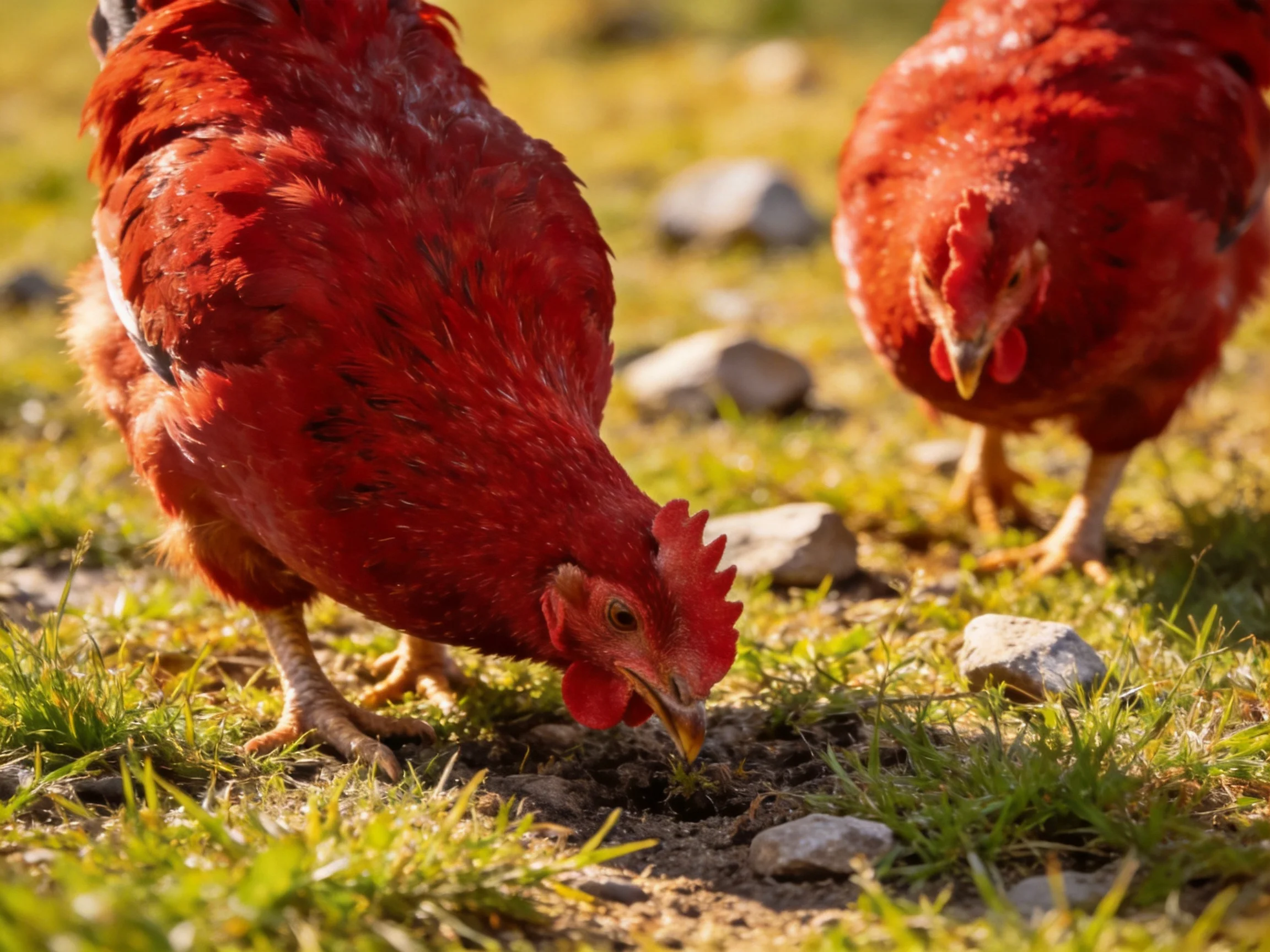 Two red chickens pecking at ground amid grass and rocks in sunny field