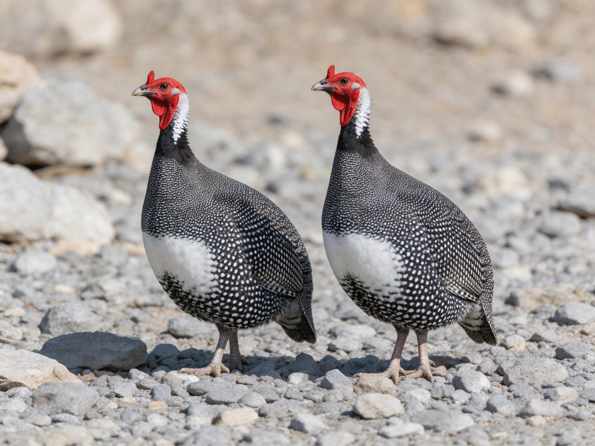 Two red-headed guineafowl with spotted plumage on rocky ground