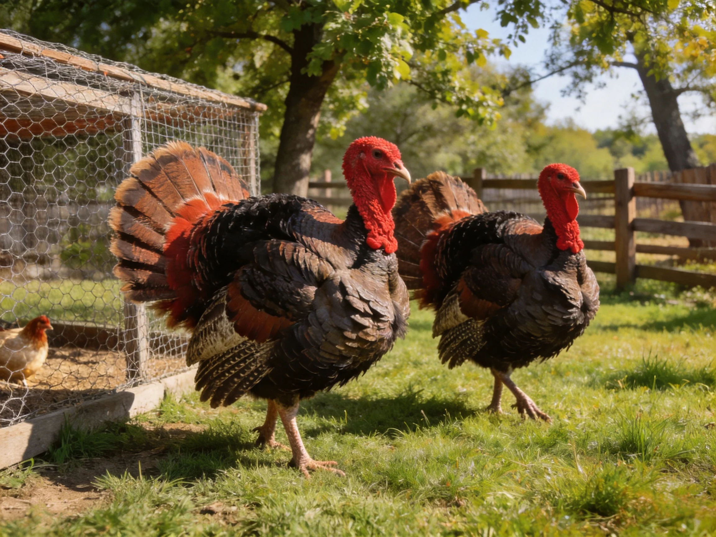Two red-headed turkeys roam near a chicken coop in a sunlit farmyard