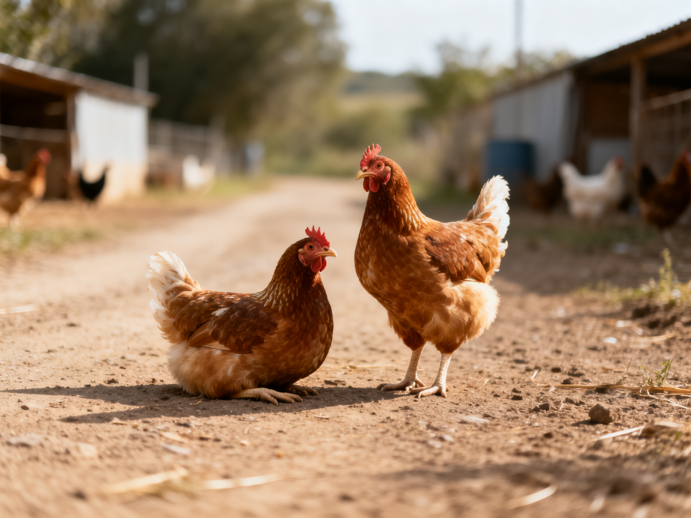 Two reddish-b brown chickens on a dusty farm path near barns