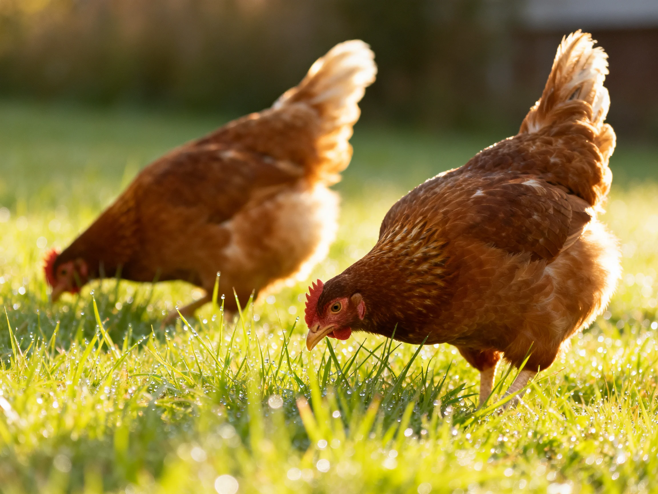Two reddish-brown chickens foraging in dewy green grass under bright sunlight