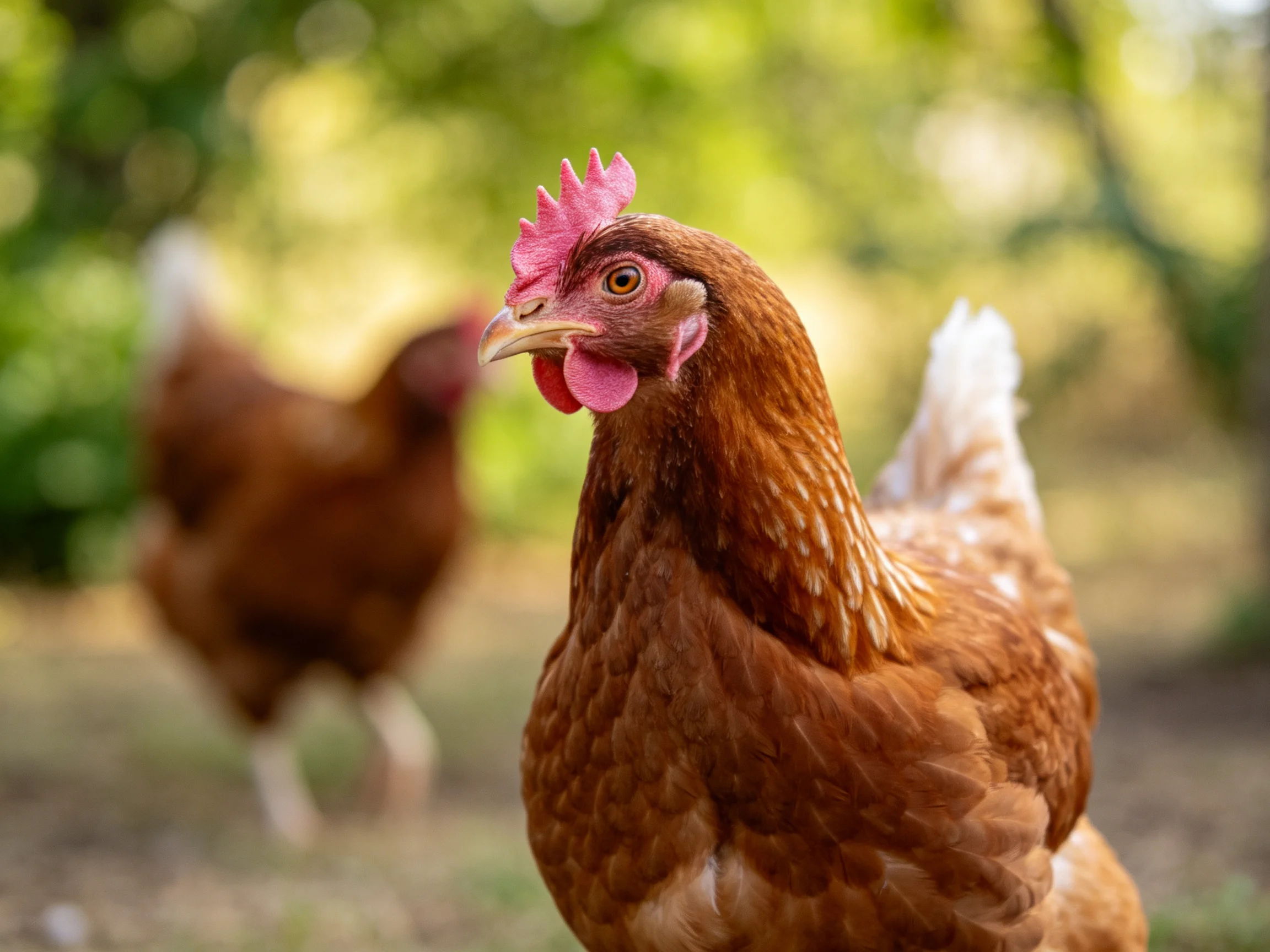 Two reddish-brown chickens in a sunlit green farmyard